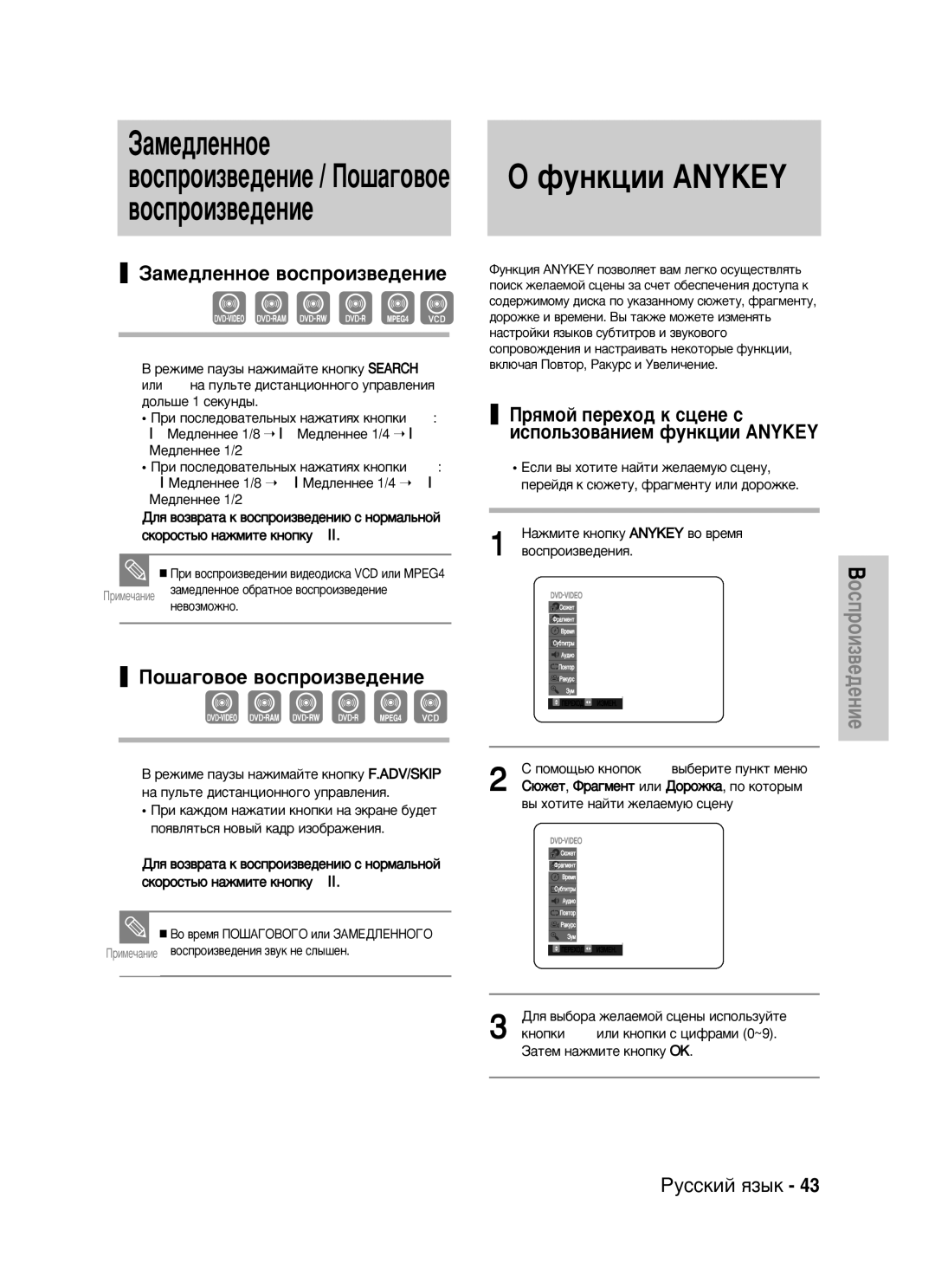 Samsung DVD-VR325/XEV manual ÙÛÌÍˆËË Anykey, ‡Ïâ‰Îâììóâ ‚Óòôóëá‚Â‰Âìëâ, Èó¯‡„Ó‚Óâ ‚Óòôóëá‚Â‰Âìëâ 