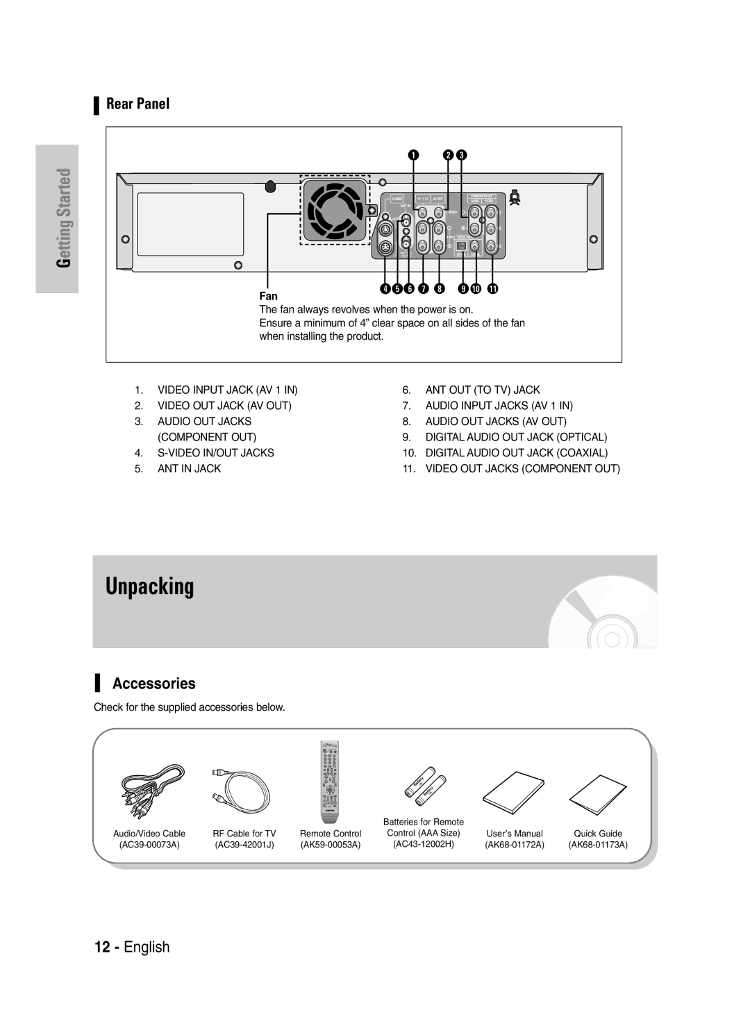 Samsung DVD-VR329 instruction manual Accessories, Fan, Check for the supplied accessories below 