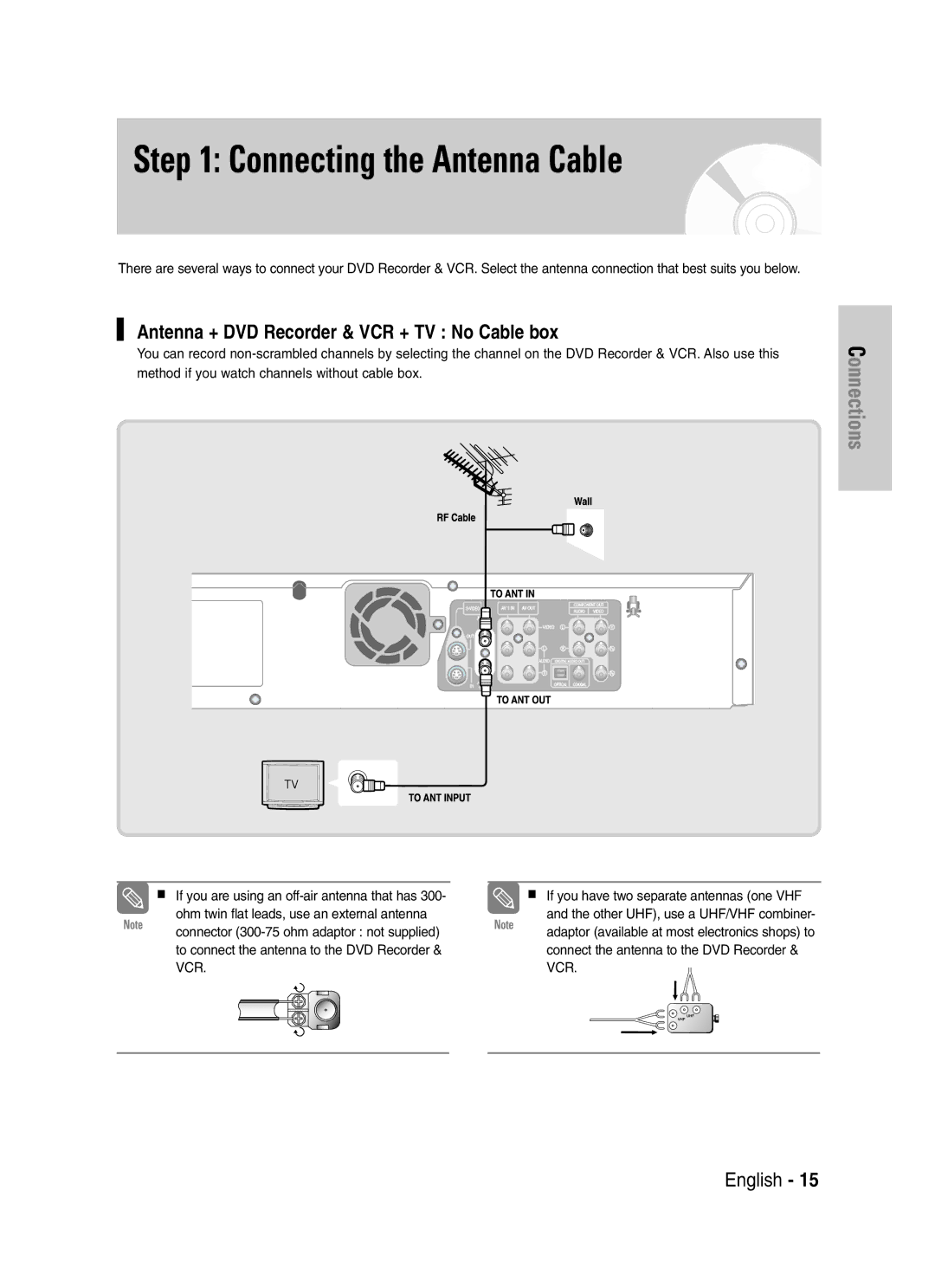 Samsung DVD-VR329 instruction manual Connecting the Antenna Cable, Antenna + DVD Recorder & VCR + TV No Cable box 