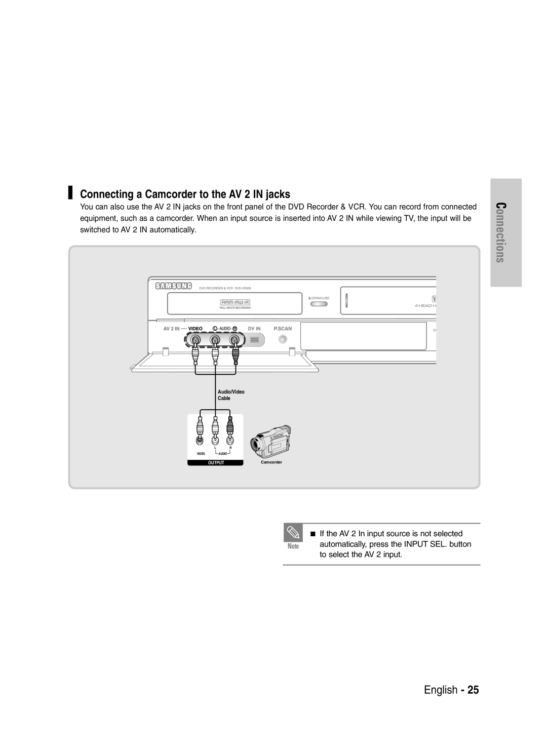 Samsung DVD-VR329 Connecting a Camcorder to the AV 2 in jacks, If the AV 2 In input source is not selected 
