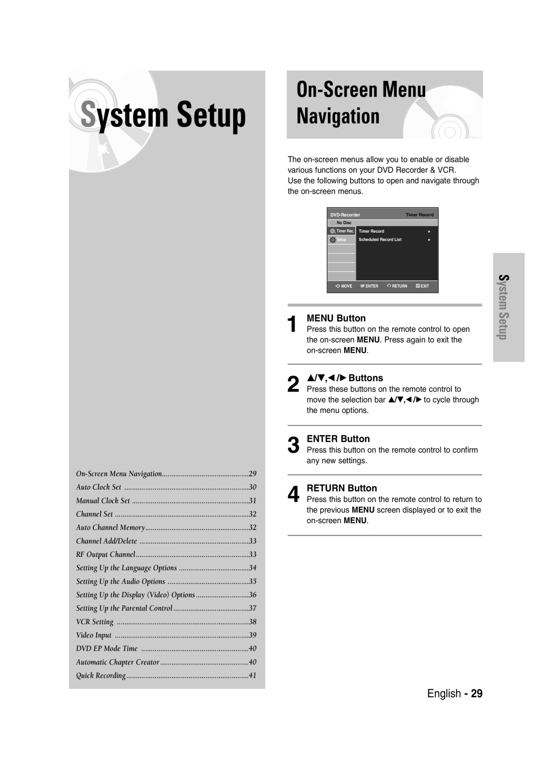 Samsung DVD-VR329 instruction manual On-Screen Menu Navigation, …/†,œ /√ Buttons, Enter Button 