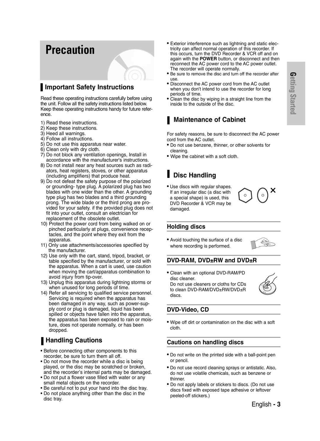 Samsung DVD-VR329 Precaution, Important Safety Instructions, Handling Cautions, Maintenance of Cabinet, Disc Handling 