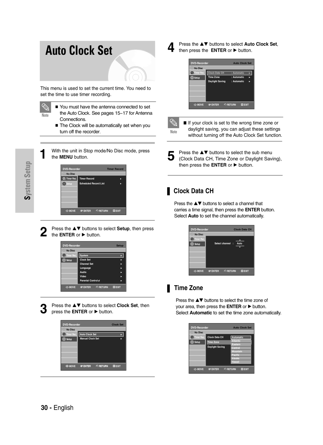 Samsung DVD-VR329 instruction manual Auto Clock Set, Clock Data CH, Time Zone 