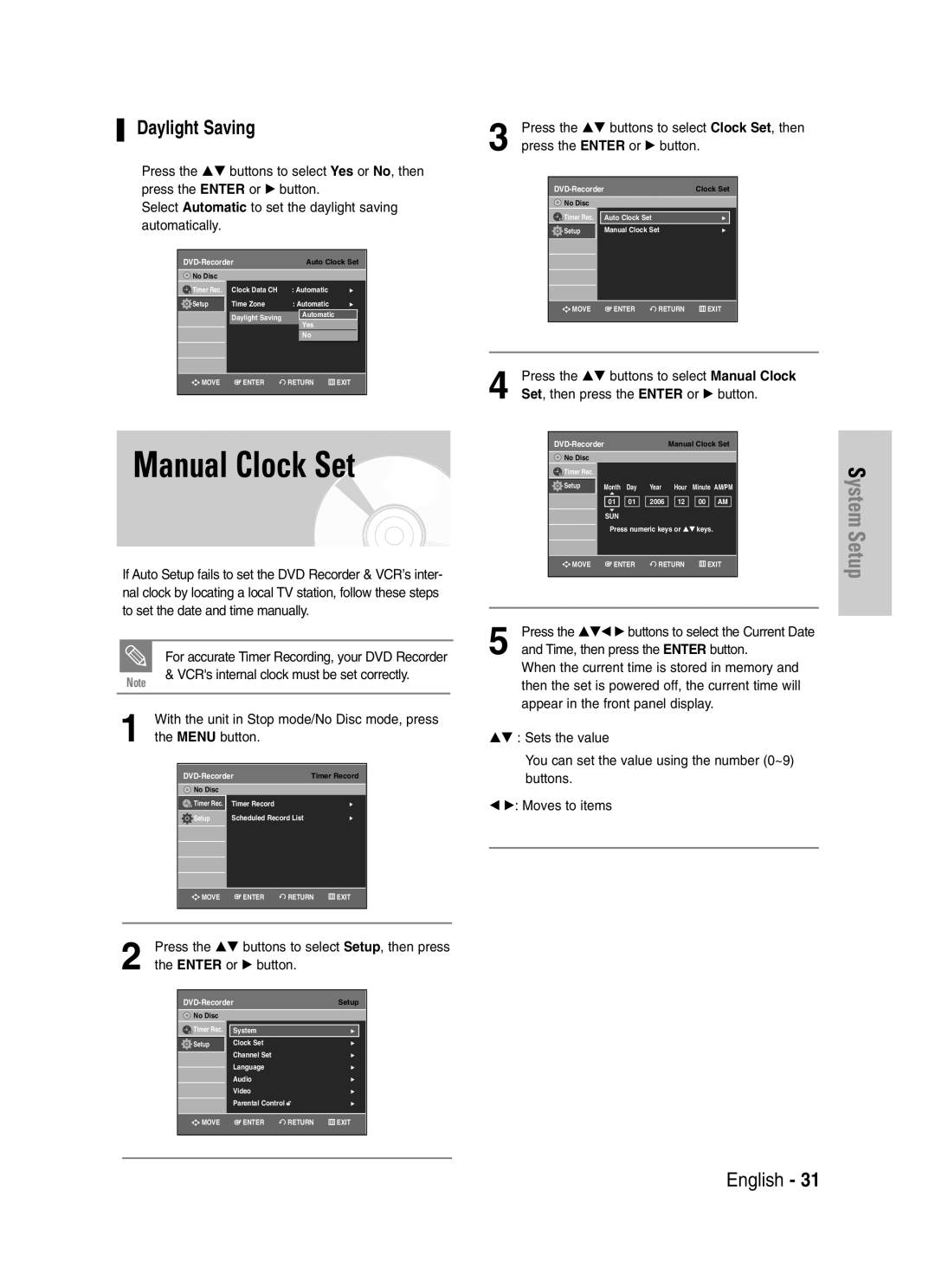 Samsung DVD-VR329 instruction manual Manual Clock Set, Daylight Saving, Press the …† buttons to select Manual Clock 