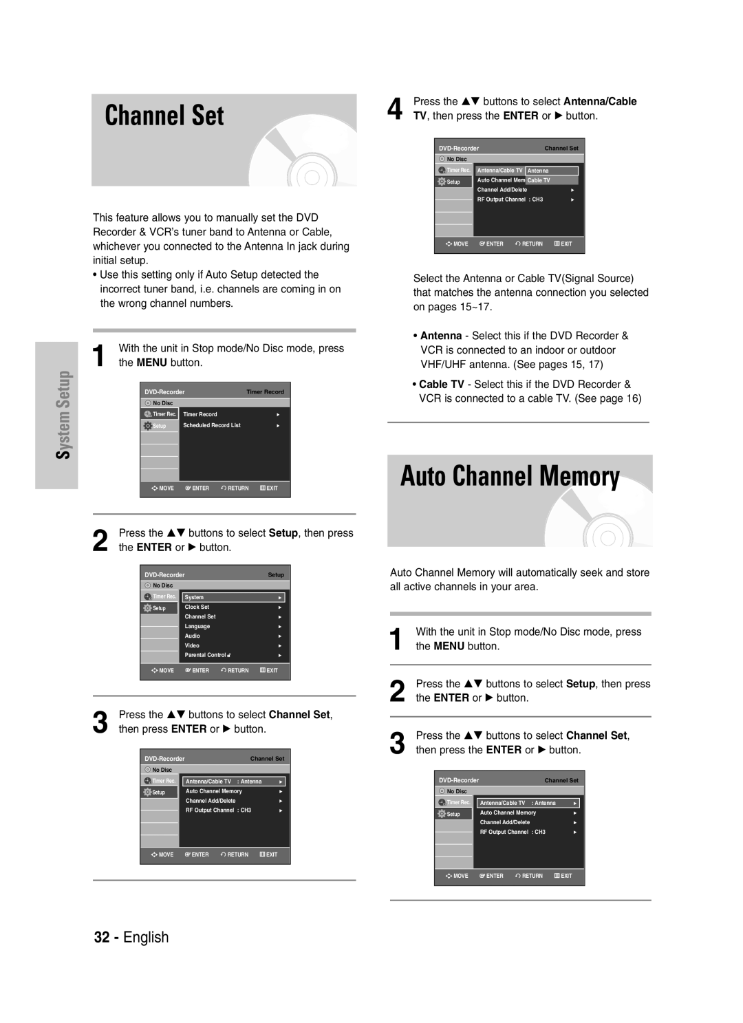 Samsung DVD-VR329 Auto Channel Memory, Press the …† buttons to select Channel Set, Then press the Enter or √ button 