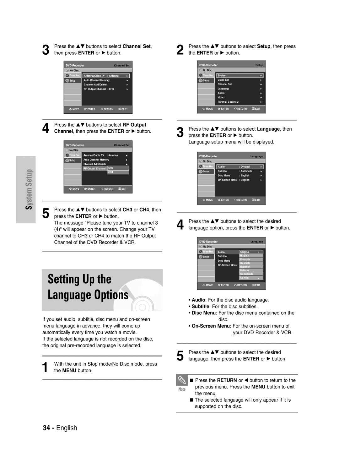 Samsung DVD-VR329 instruction manual Setting Up Language Options 