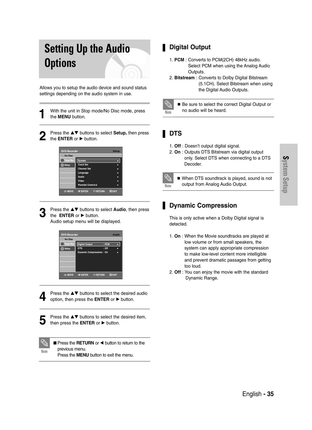 Samsung DVD-VR329 instruction manual Setting Up the Audio Options, Digital Output, Dynamic Compression 