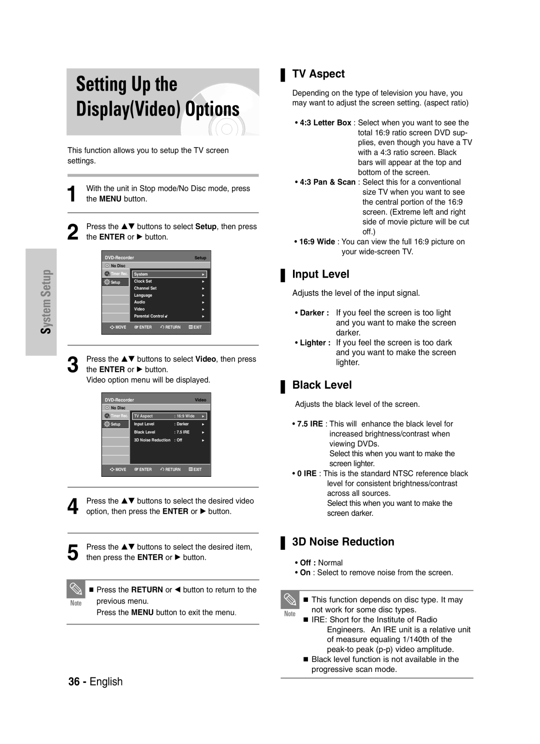 Samsung DVD-VR329 instruction manual TV Aspect, Input Level, Black Level, 3D Noise Reduction, Off Normal 