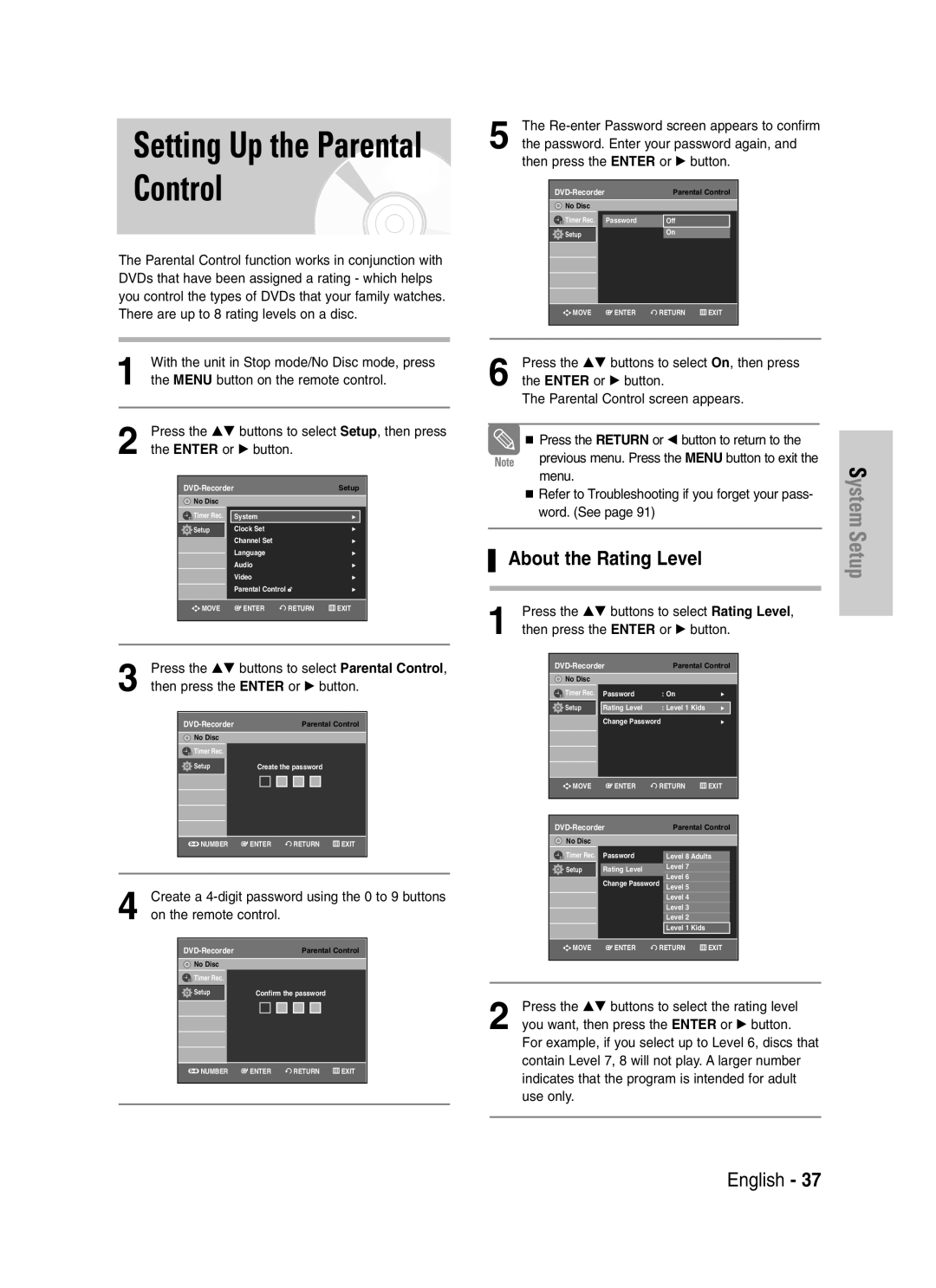Samsung DVD-VR329 Setting Up the Parental Control, About the Rating Level, Menu button on the remote control 