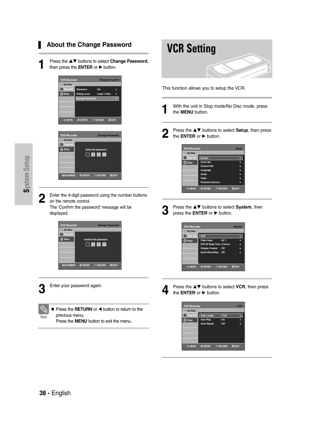 Samsung DVD-VR329 instruction manual VCR Setting, About the Change Password, Press the …† buttons to select System, then 