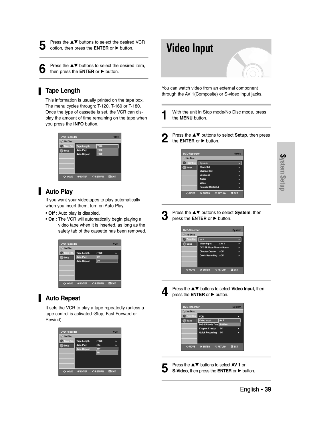 Samsung DVD-VR329 instruction manual Video Input, Tape Length, Auto Play, Auto Repeat 