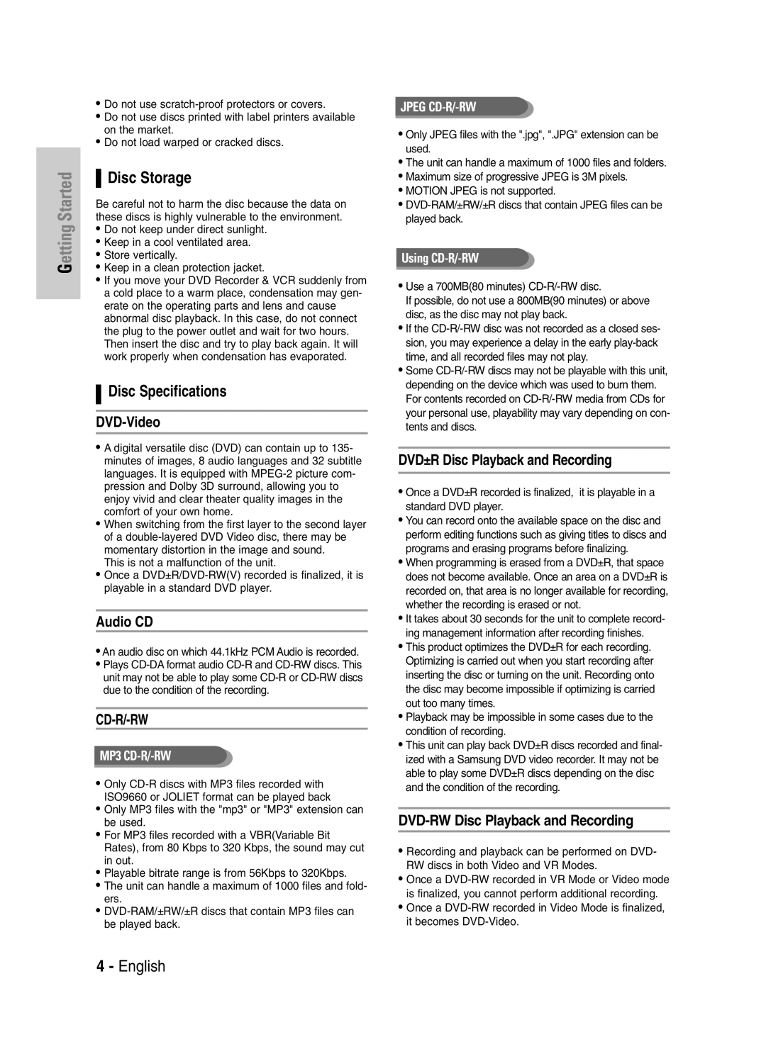 Samsung DVD-VR329 instruction manual Disc Storage, Disc Specifications 