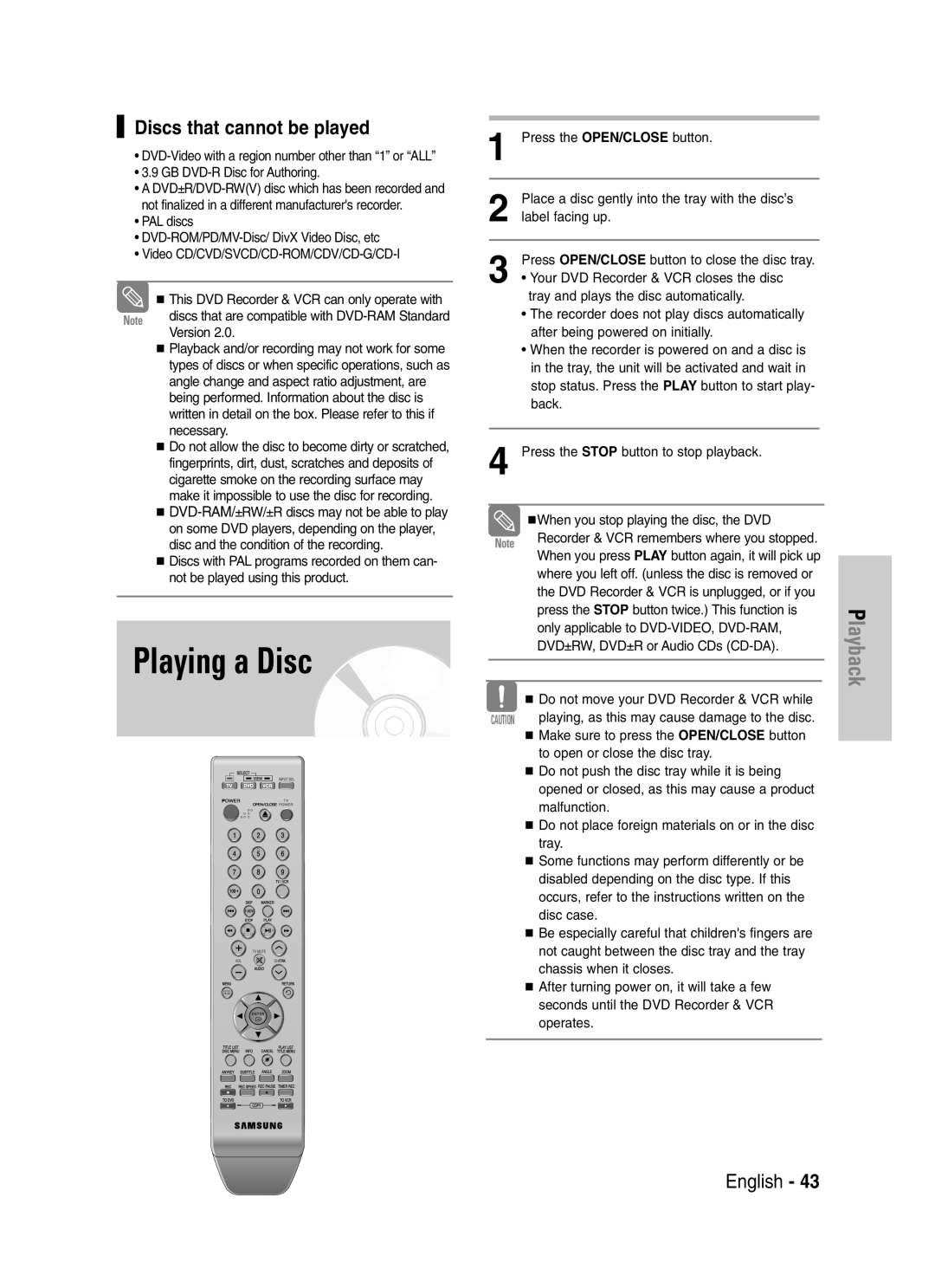 Samsung DVD-VR329 instruction manual Playing a Disc, Discs that cannot be played 