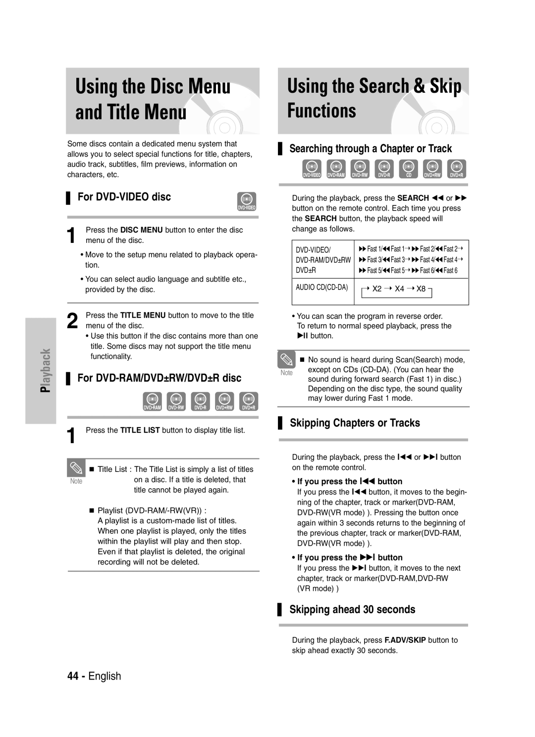 Samsung DVD-VR329 instruction manual Title Menu, Using the Disc Menu, Using the Search & Skip Functions 