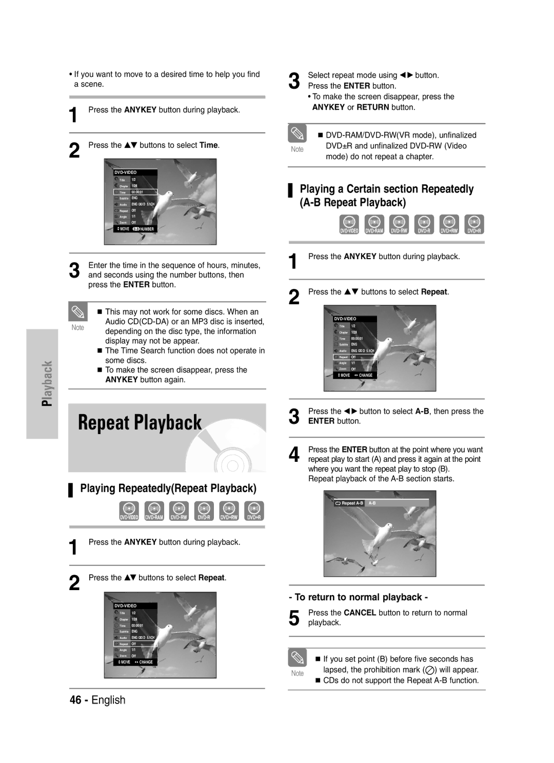 Samsung DVD-VR329 instruction manual Playing RepeatedlyRepeat Playback, To return to normal playback 