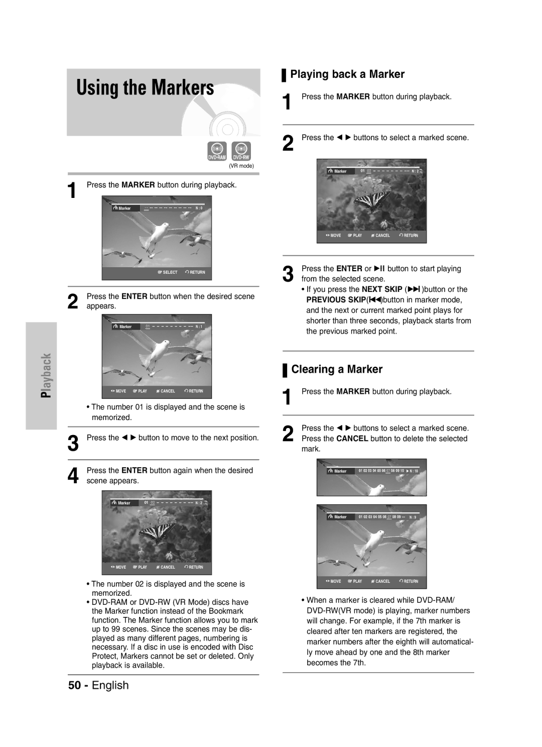 Samsung DVD-VR329 instruction manual Using the Markers, Playing back a Marker, Clearing a Marker 