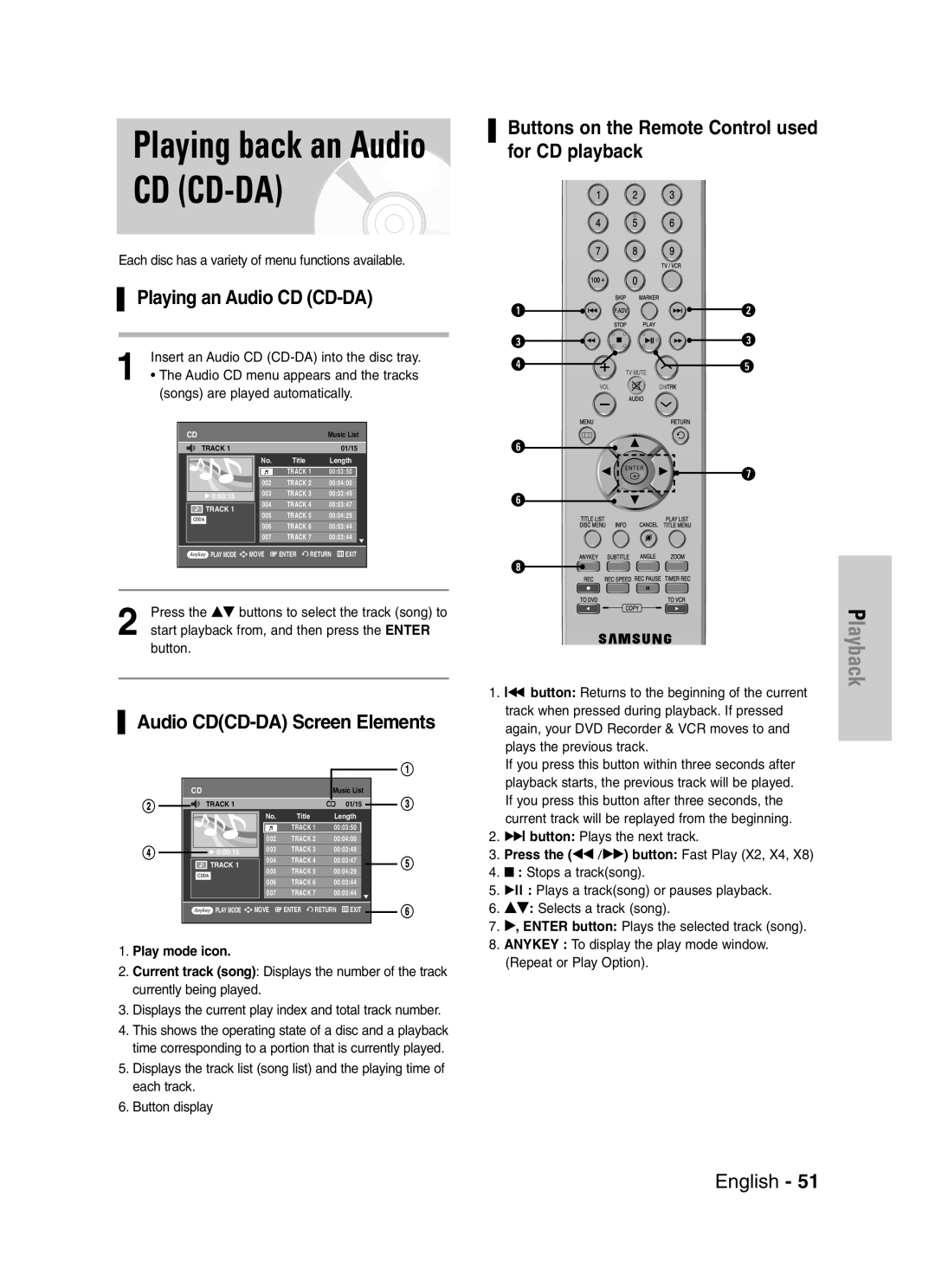 Samsung DVD-VR329 instruction manual Playing an Audio CD CD-DA, Audio CDCD-DA Screen Elements, Play mode icon 