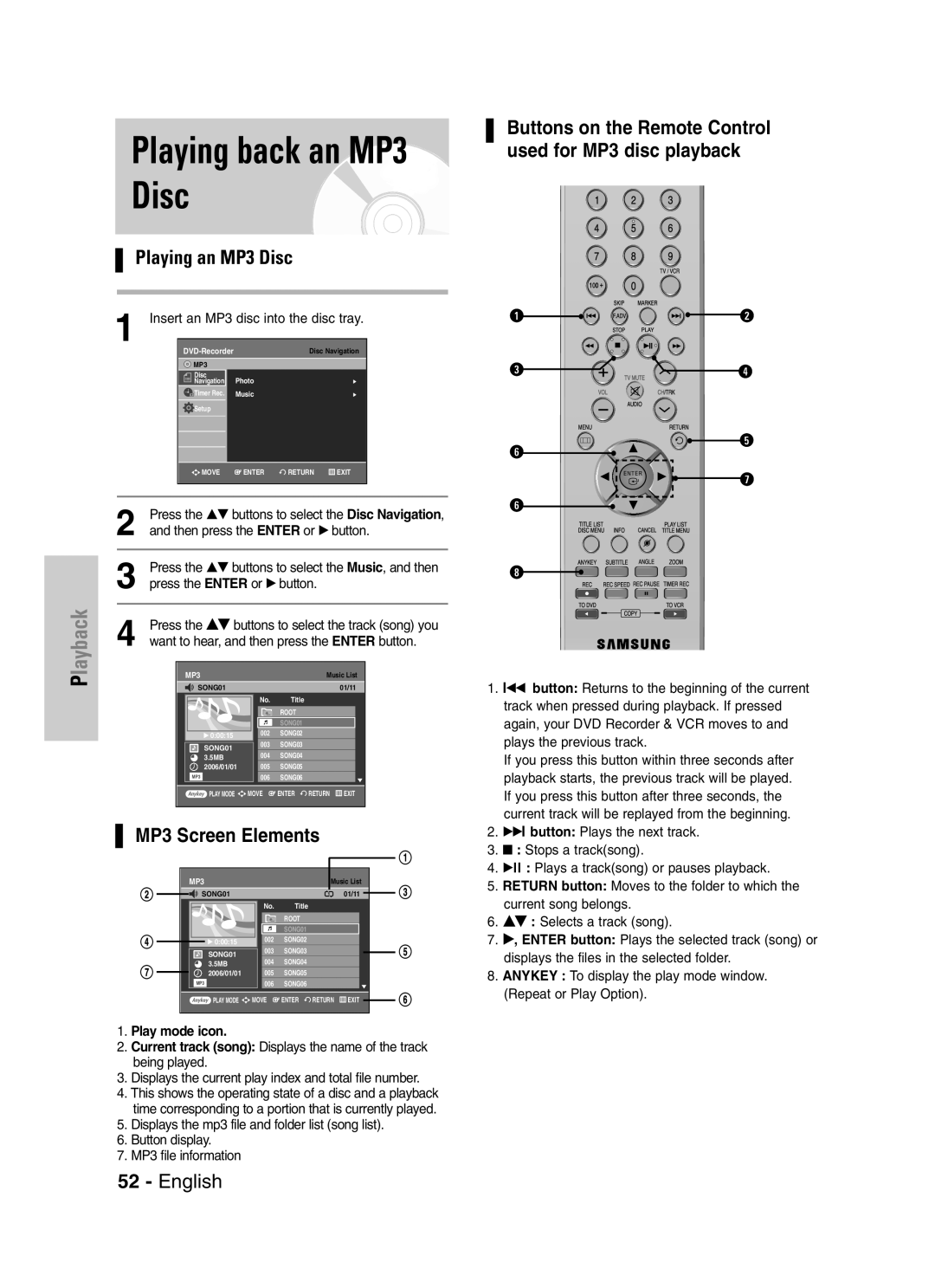 Samsung DVD-VR329 instruction manual Playing back an MP3 Disc, MP3 Screen Elements, Insert an MP3 disc into the disc tray 