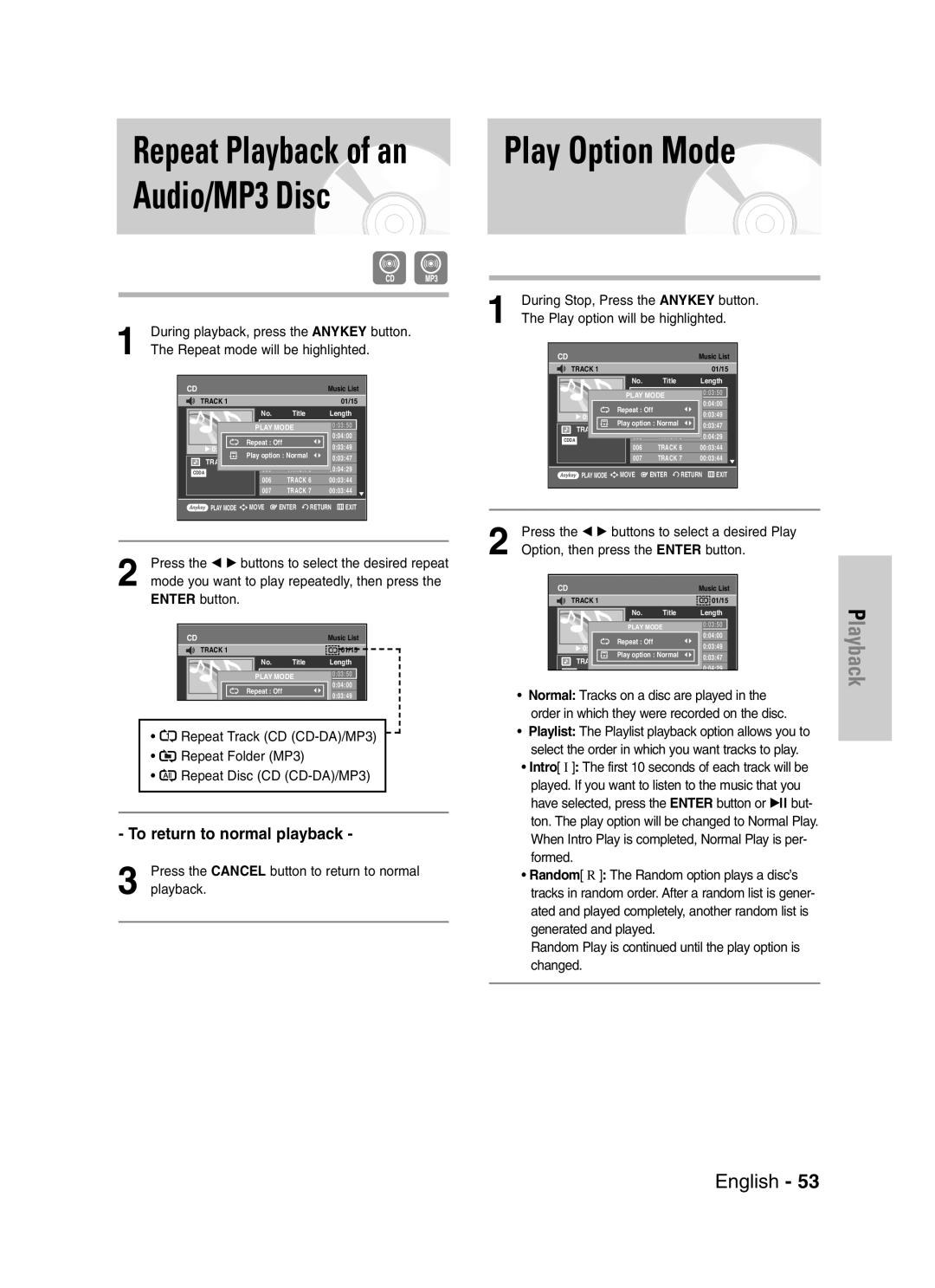 Samsung DVD-VR329 Audio/MP3 Disc, During playback, press the Anykey button, Repeat mode will be highlighted 