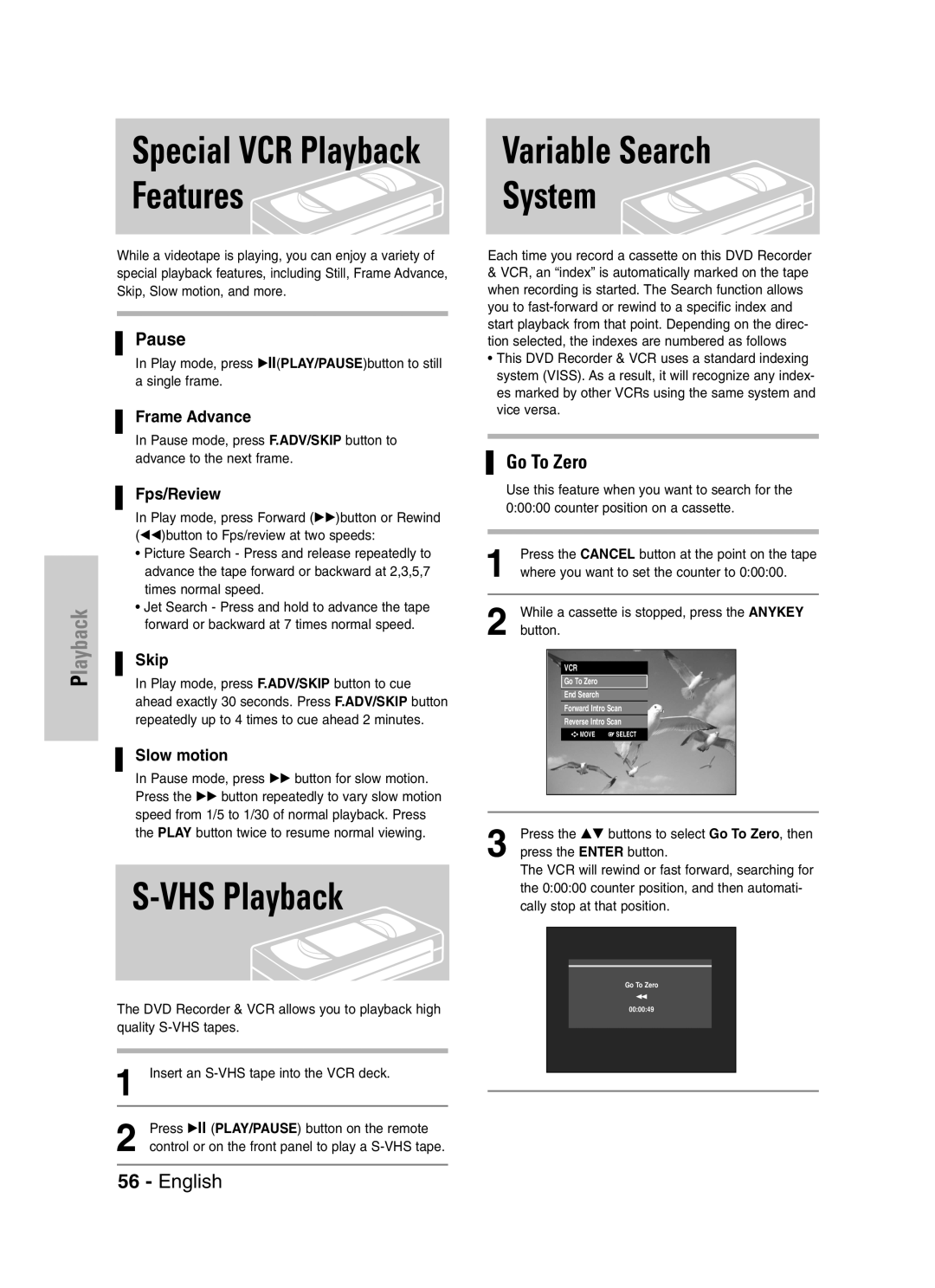 Samsung DVD-VR329 instruction manual VHS Playback, Frame Advance, Fps/Review, Skip, Slow motion 