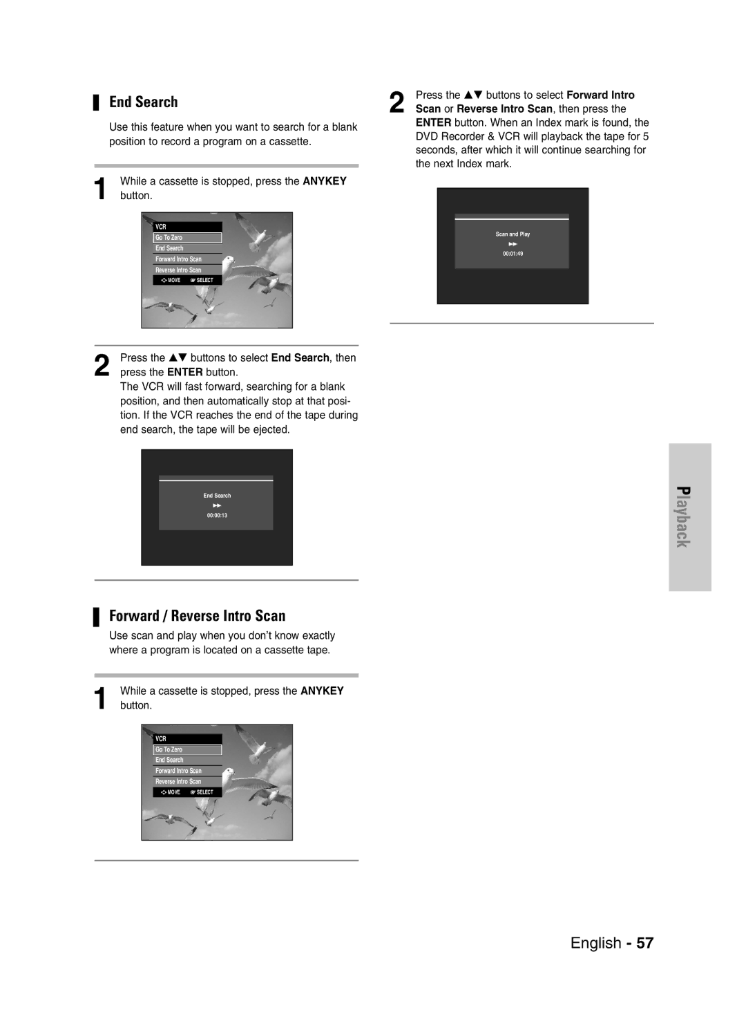 Samsung DVD-VR329 instruction manual End Search, Scan or Reverse Intro Scan, then press 