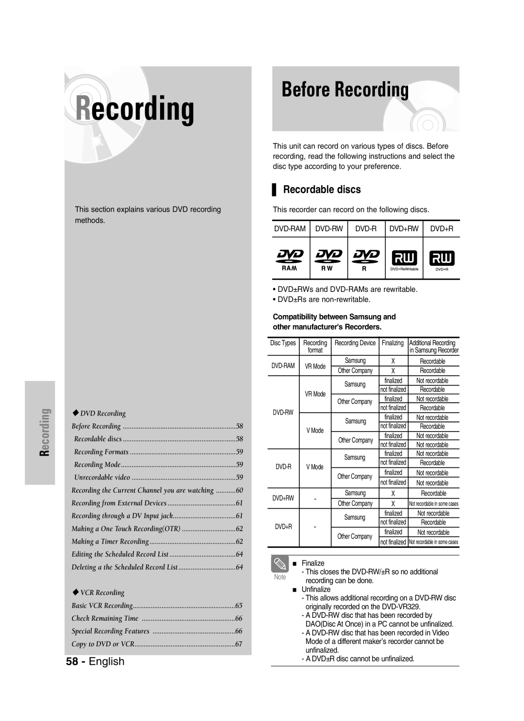 Samsung DVD-VR329 instruction manual Before Recording, Recordable discs 