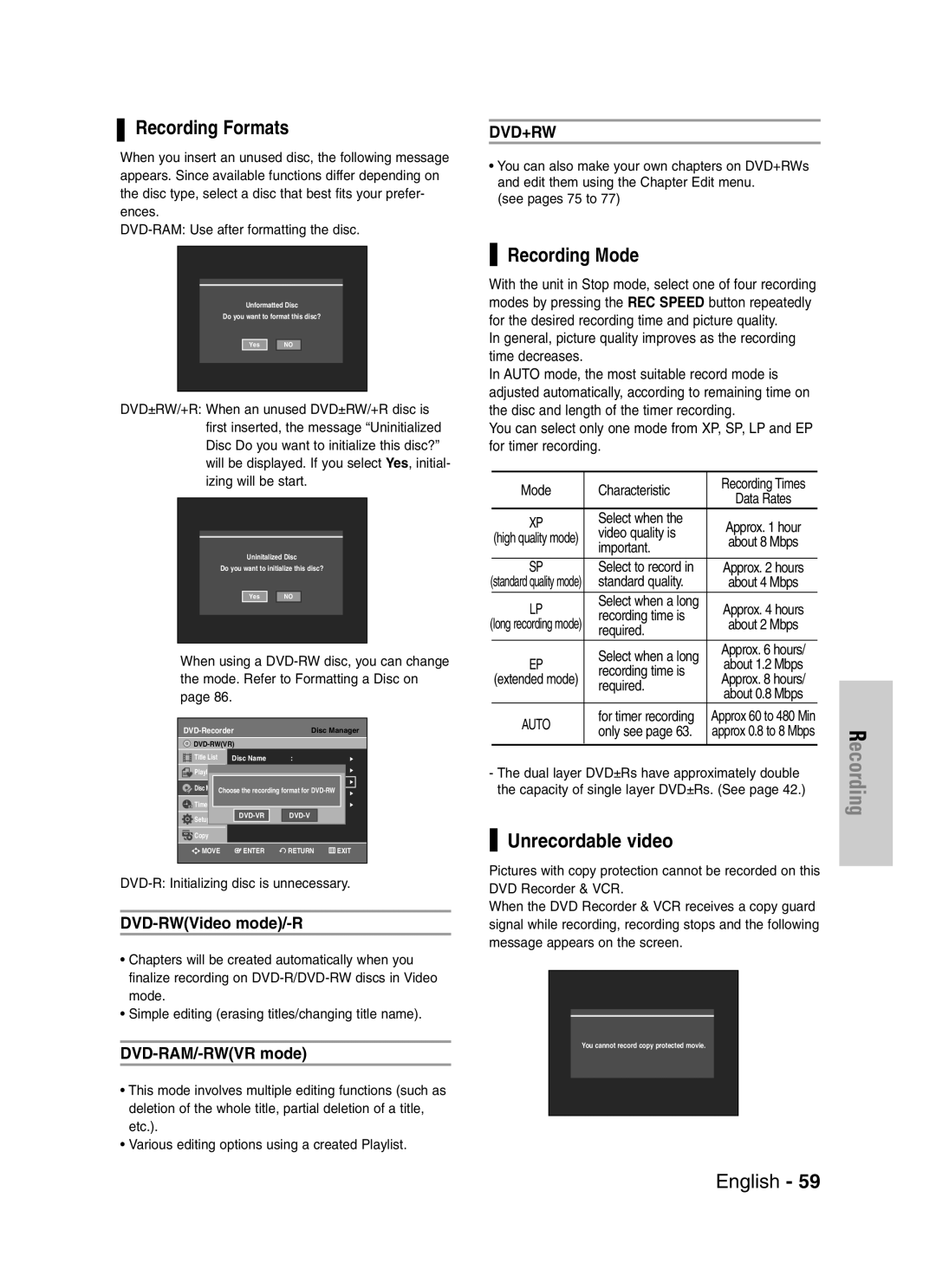 Samsung DVD-VR329 Recording Formats, Recording Mode, Unrecordable video, DVD-RWVideo mode/-R, DVD-RAM/-RWVR mode 