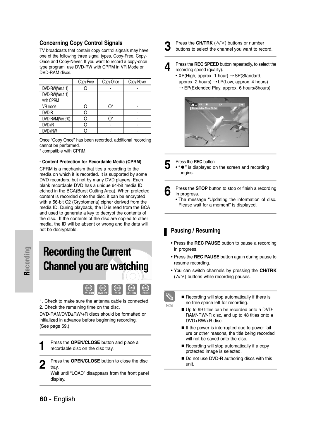 Samsung DVD-VR329 instruction manual Content Protection for Recordable Media Cprm, XPHigh, approx hour SPStandard 