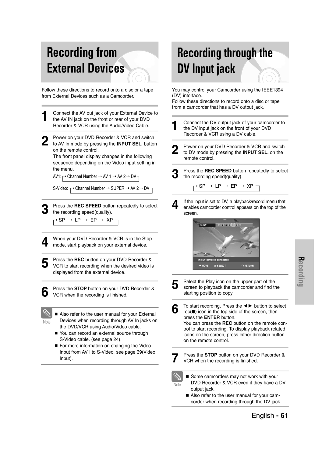 Samsung DVD-VR329 instruction manual Recording from, External Devices DV Input jack 