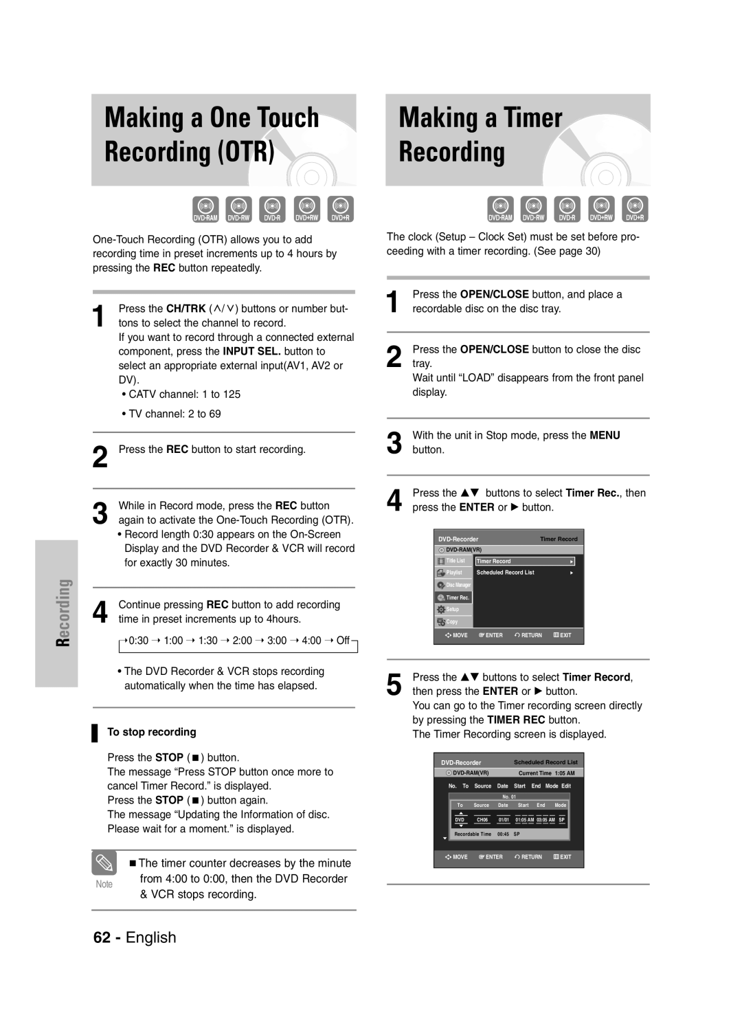 Samsung DVD-VR329 instruction manual Making a One Touch, Recording OTR, To stop recording 