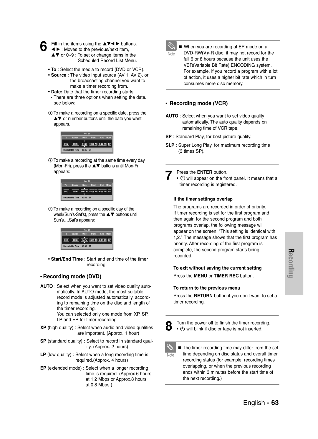 Samsung DVD-VR329 Recording mode DVD, Recording mode VCR, If the timer settings overlap, To return to the previous menu 