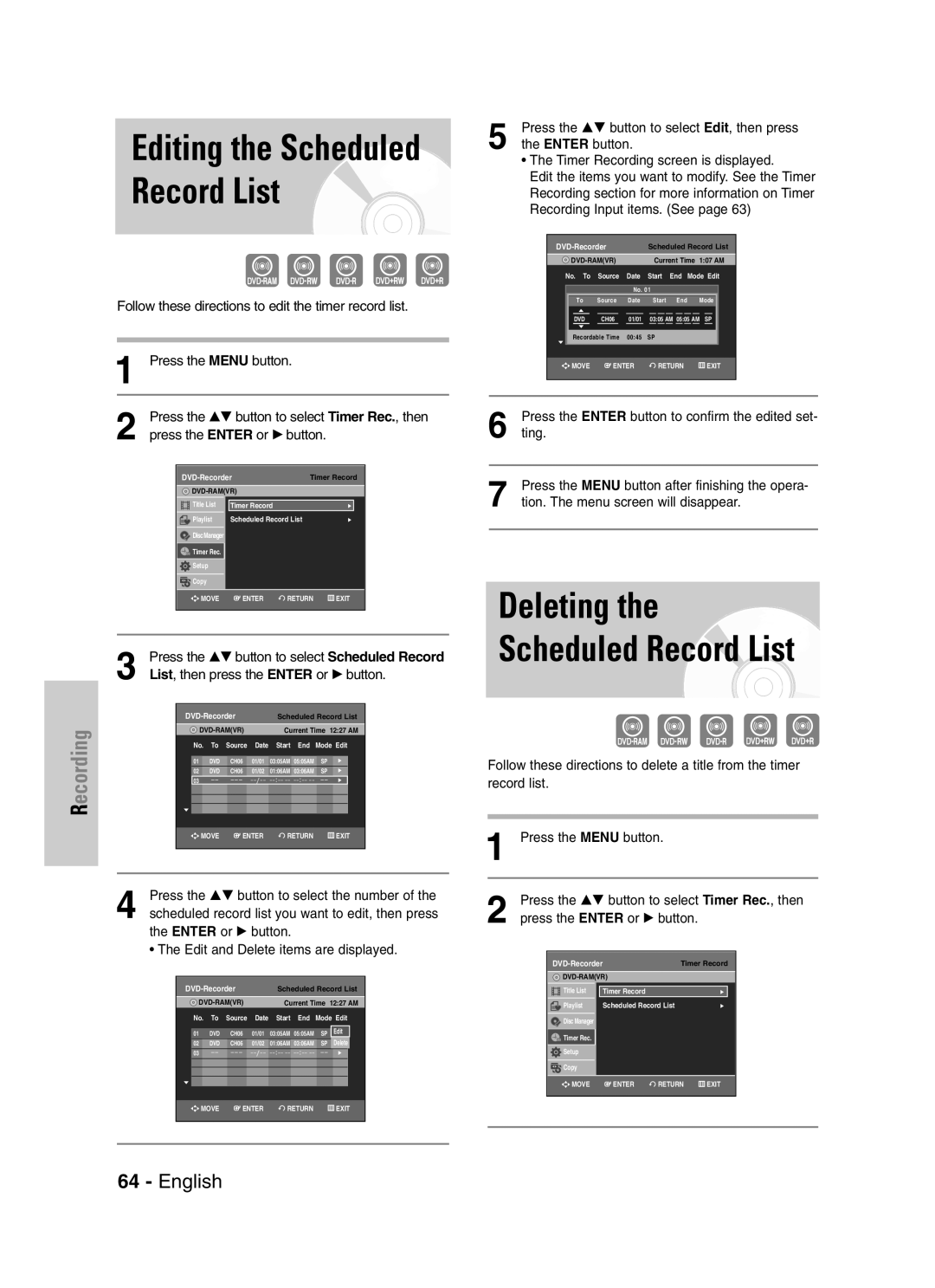 Samsung DVD-VR329 instruction manual Editing the Scheduled Record List, List, then press the Enter or √ button 