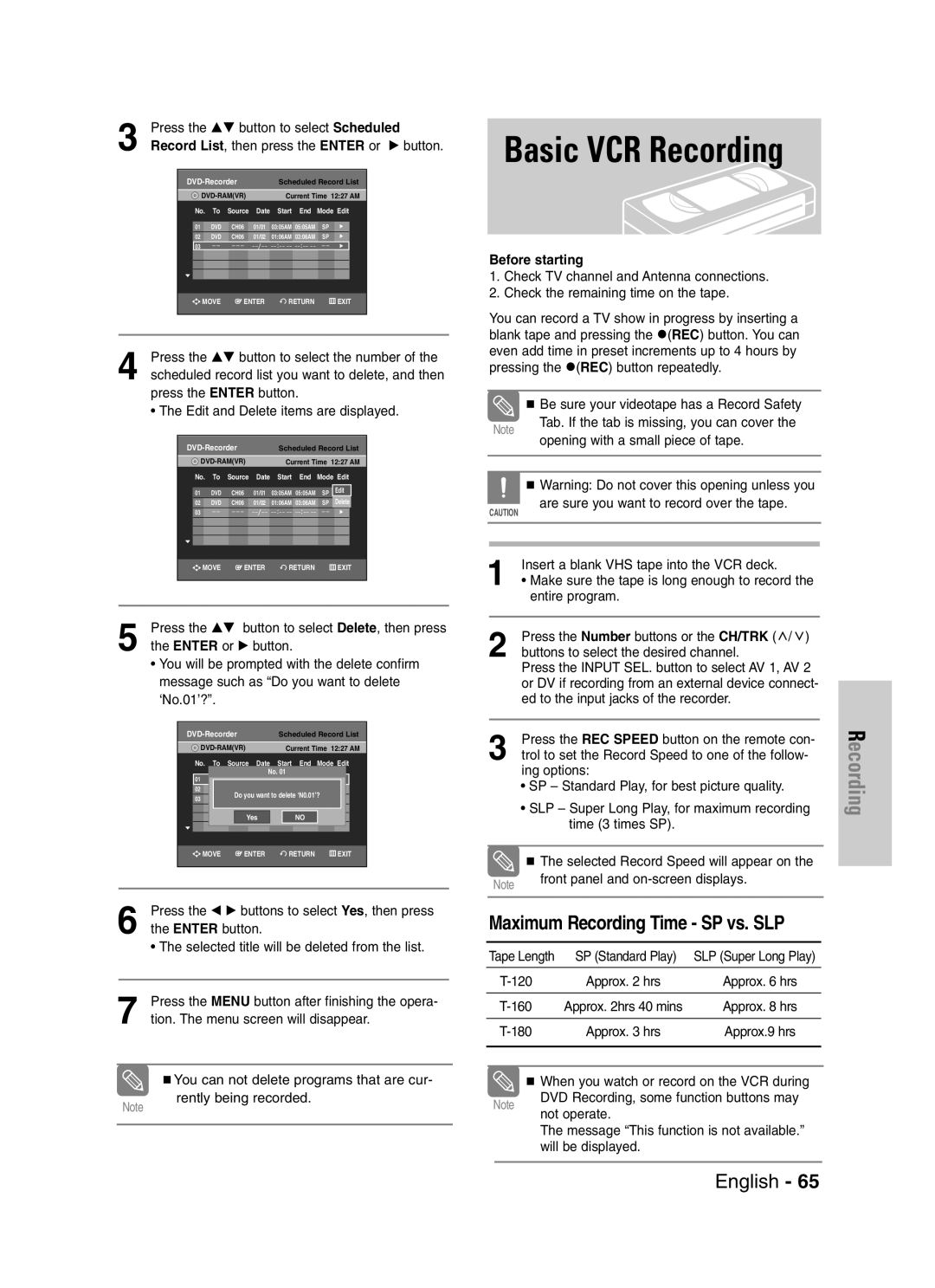 Samsung DVD-VR329 instruction manual Basic VCR Recording, Before starting 