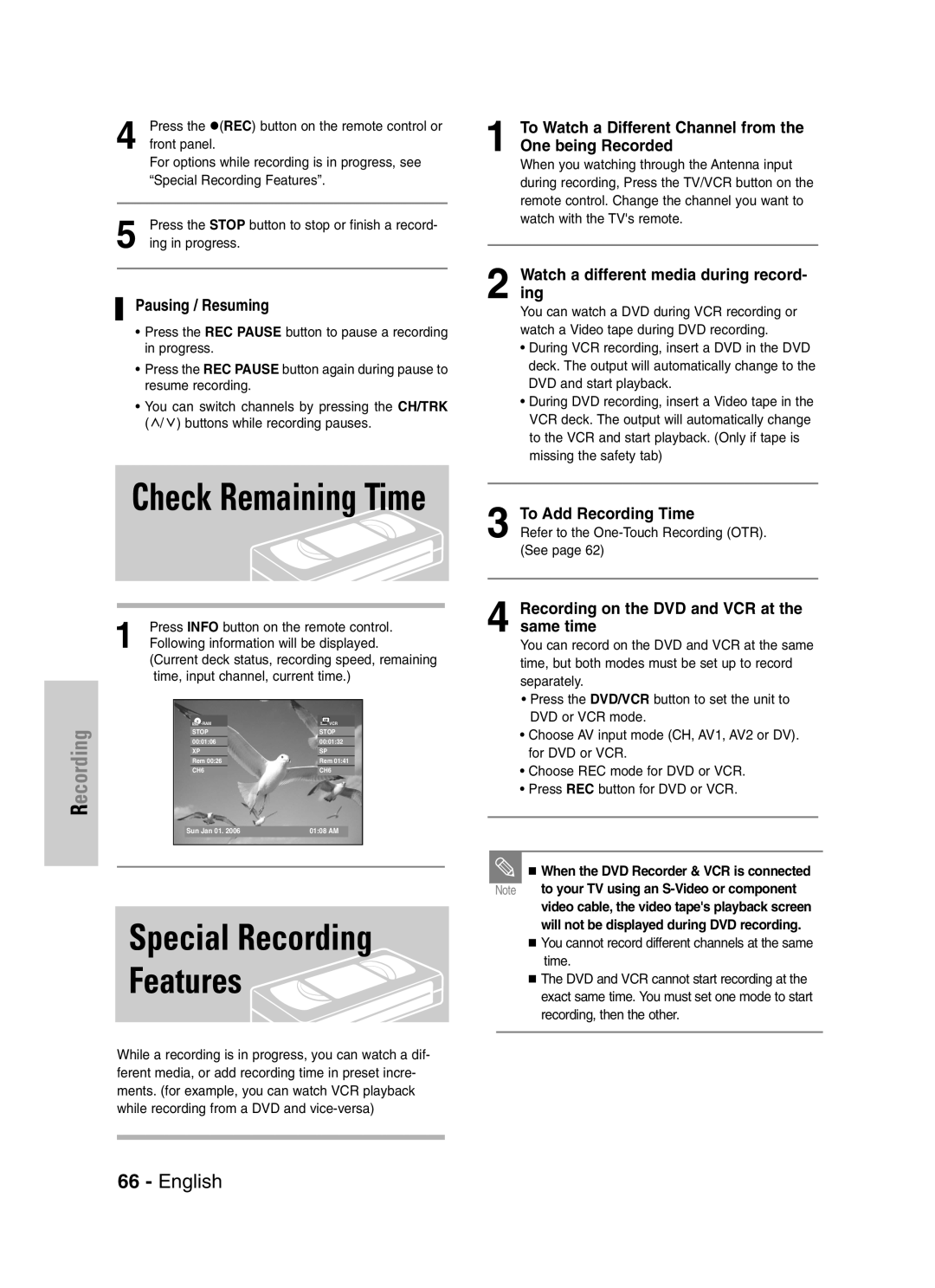 Samsung DVD-VR329 Pausing / Resuming, To Watch a Different Channel from the One being Recorded, To Add Recording Time 