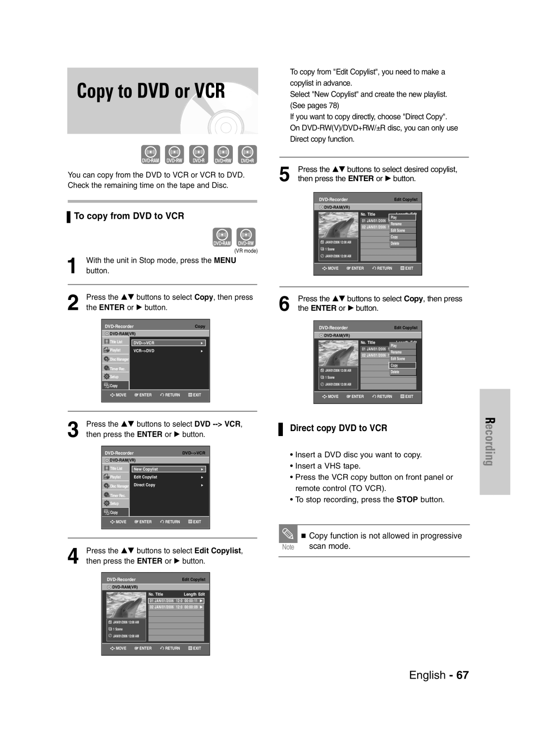 Samsung DVD-VR329 To copy from DVD to VCR, Direct copy DVD to VCR, Press the …† buttons to select Edit Copylist 