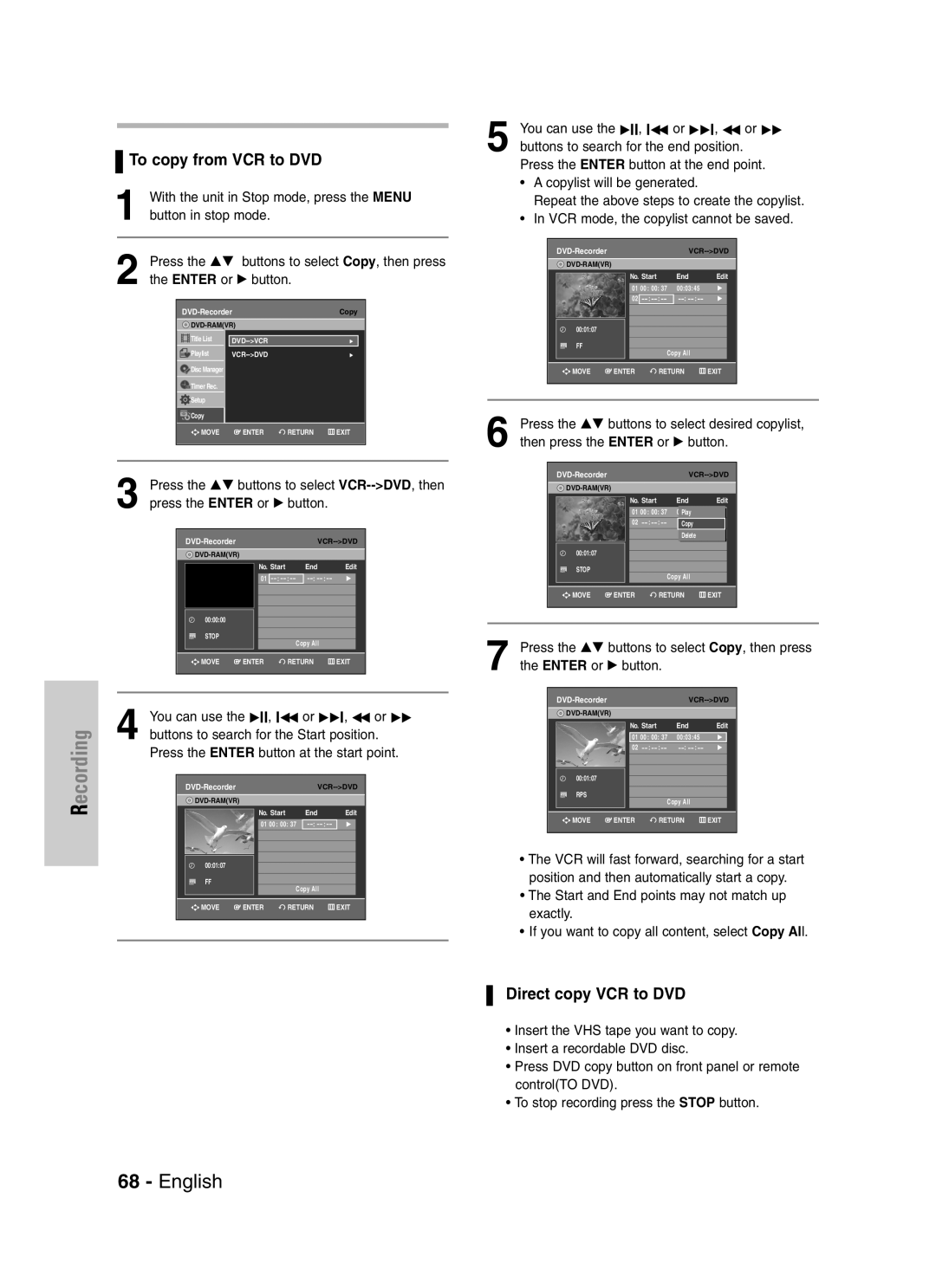 Samsung DVD-VR329 To copy from VCR to DVD, Direct copy VCR to DVD, Press the …† buttons to select VCR--DVD, then 