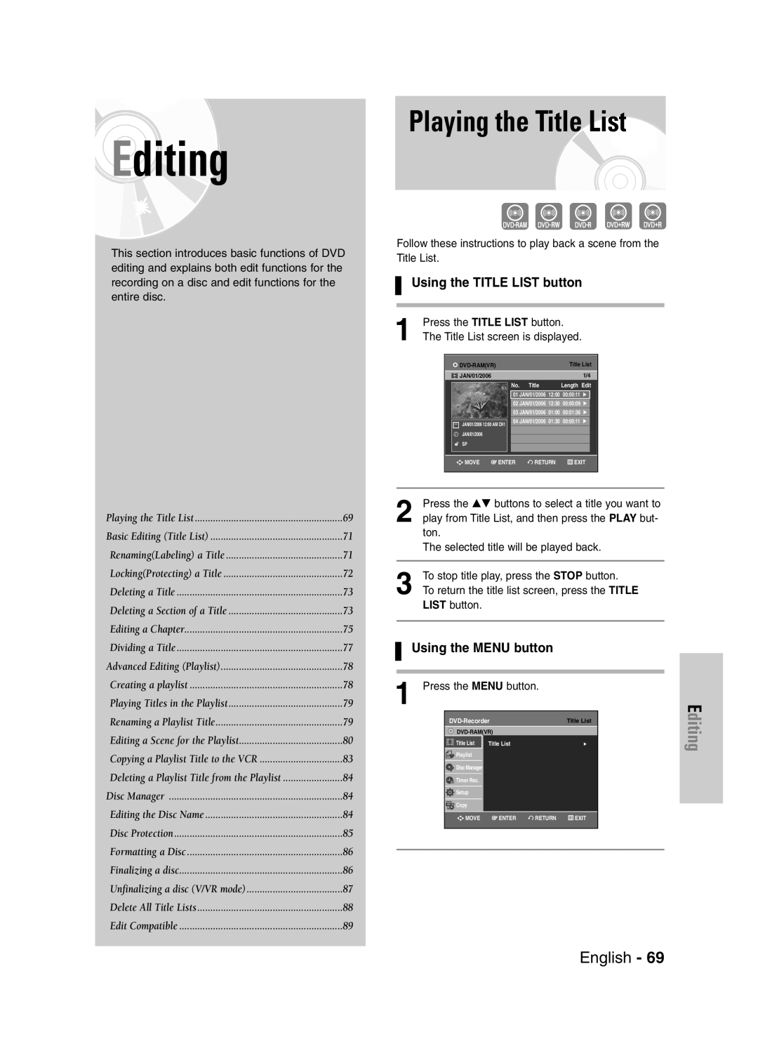 Samsung DVD-VR329 instruction manual Playing the Title List, Using the Title List button, Using the Menu button 