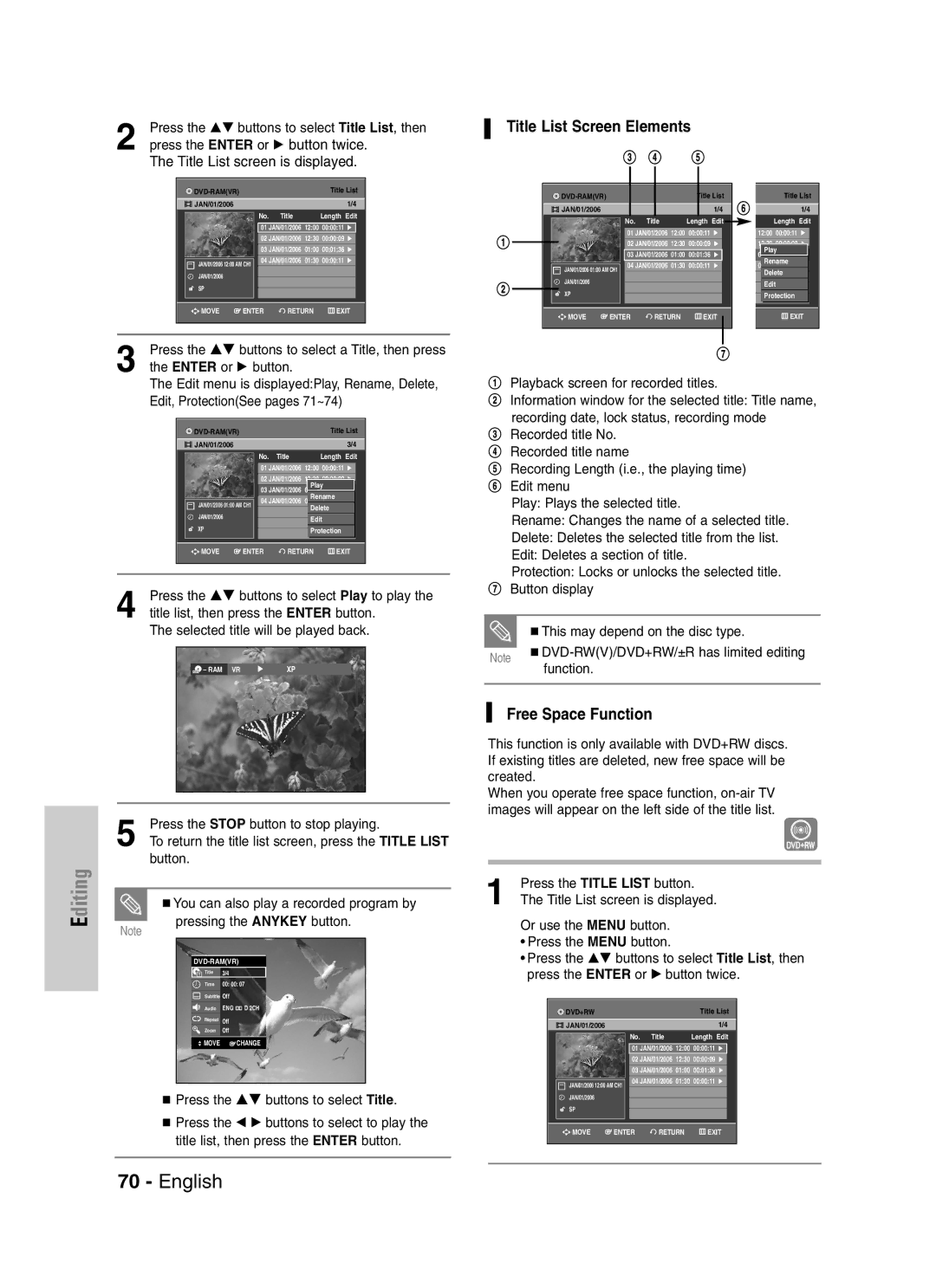 Samsung DVD-VR329 Free Space Function, Press the …† buttons to select Play to play, Press the Stop button to stop playing 