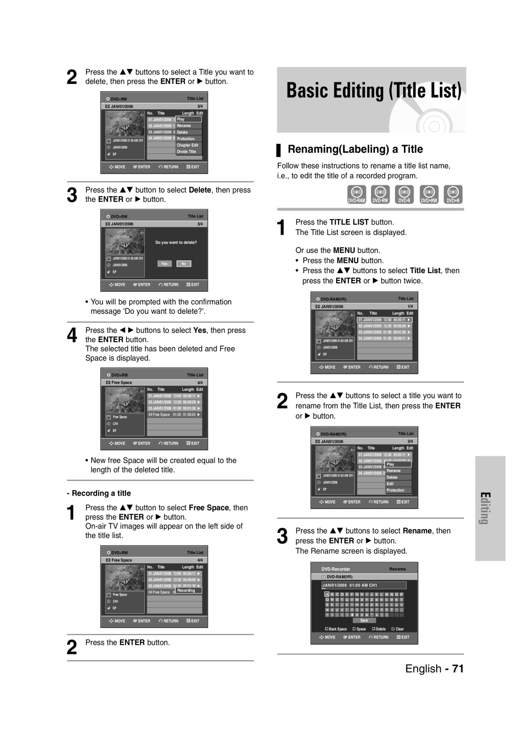 Samsung DVD-VR329 RenamingLabeling a Title, Press the …† buttons to select a Title you want to, Recording a title 