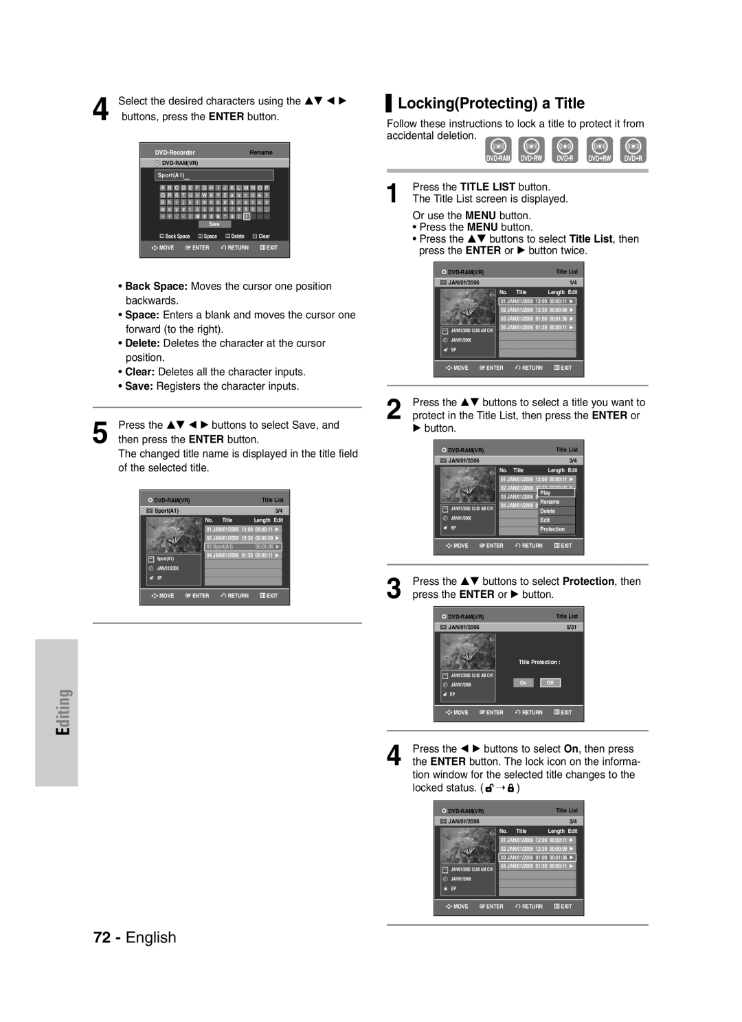 Samsung DVD-VR329 LockingProtecting a Title, Press the …† buttons to select Protection, then, Locked status 