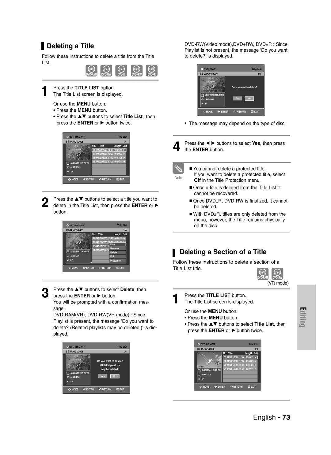 Samsung DVD-VR329 Deleting a Title, Deleting a Section of a Title, Delete in the Title List, then press the Enter or √ 