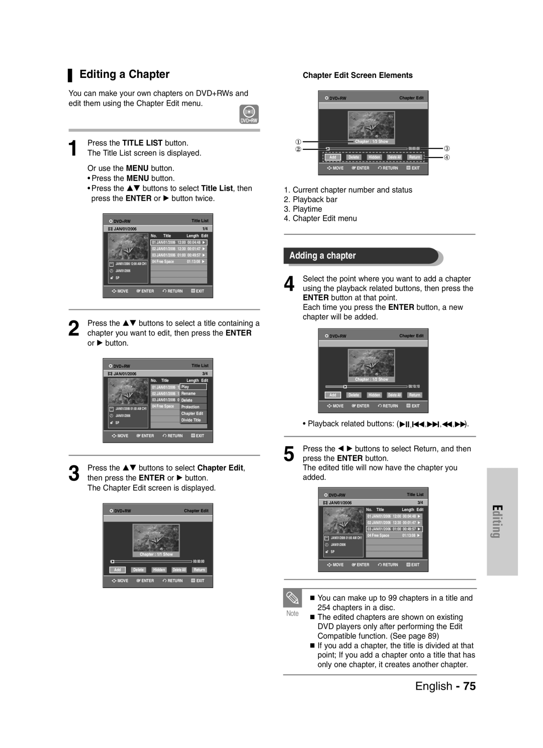 Samsung DVD-VR329 Editing a Chapter, Press the …† buttons to select a title containing a, Chapter Edit Screen Elements 