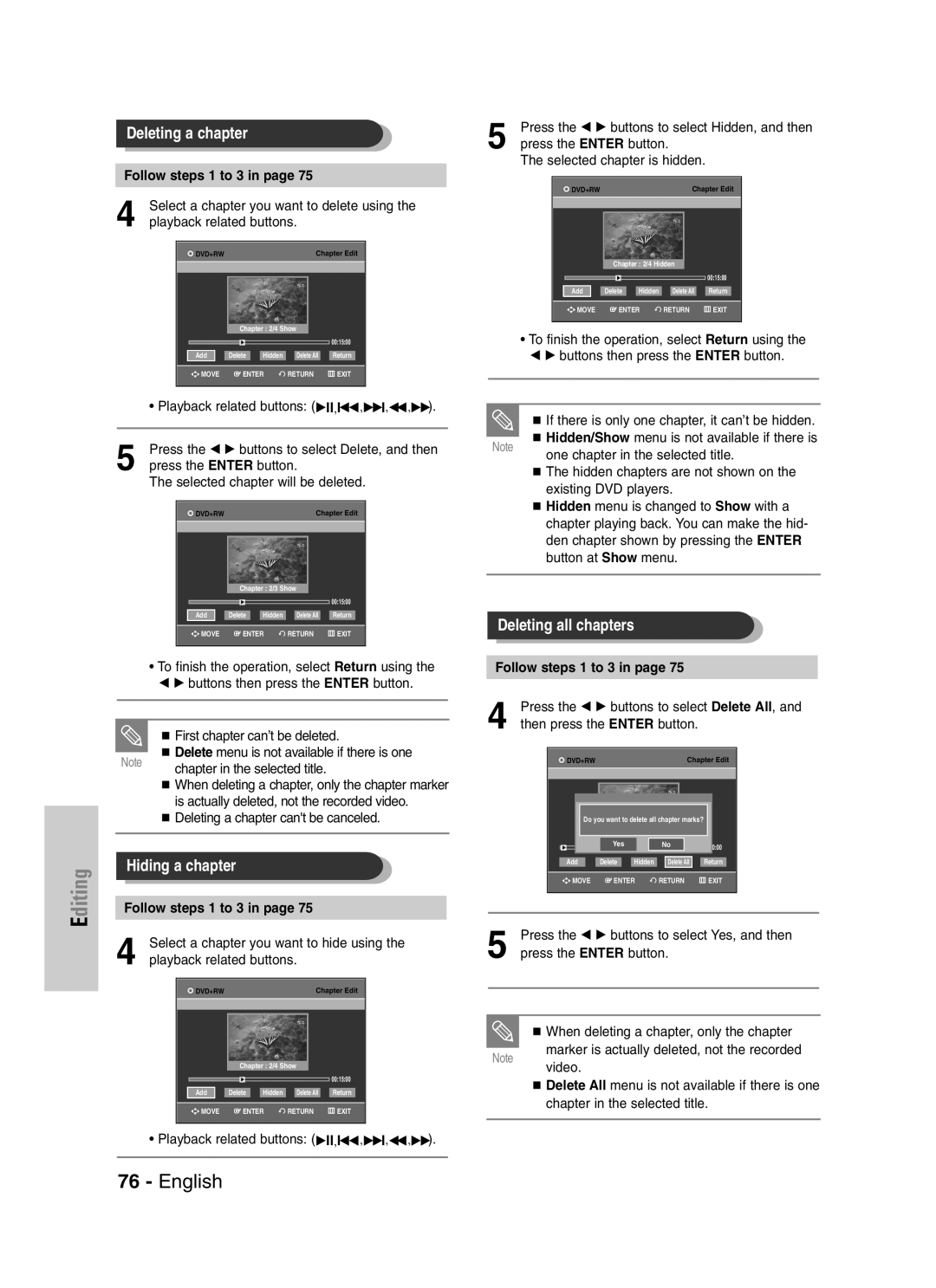 Samsung DVD-VR329 Follow steps 1 to 3, Playback related buttons, Press the œ √ buttons to select Delete All 