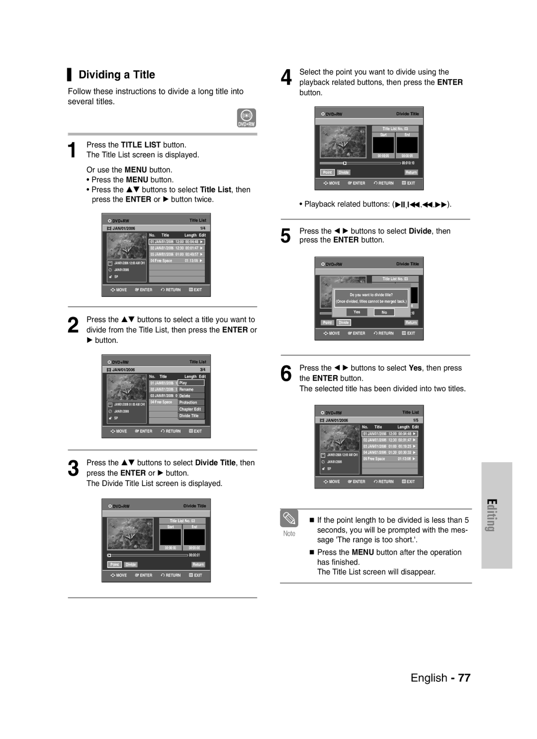 Samsung DVD-VR329 instruction manual Dividing a Title 