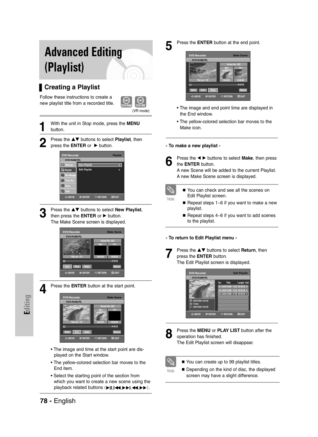 Samsung DVD-VR329 Creating a Playlist, Press the …† buttons to select New Playlist, Make Scene screen is displayed 