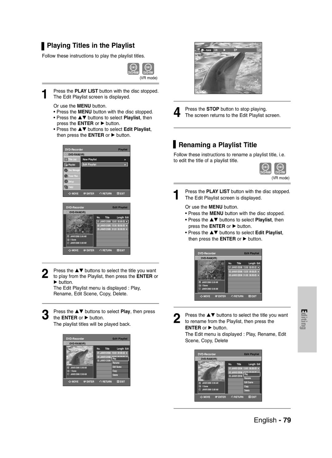 Samsung DVD-VR329 instruction manual Playing Titles in the Playlist, Renaming a Playlist Title 