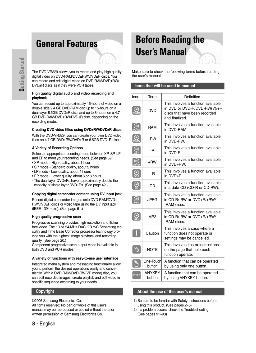 Samsung DVD-VR329 instruction manual Before Reading User’s Manual, General Features 