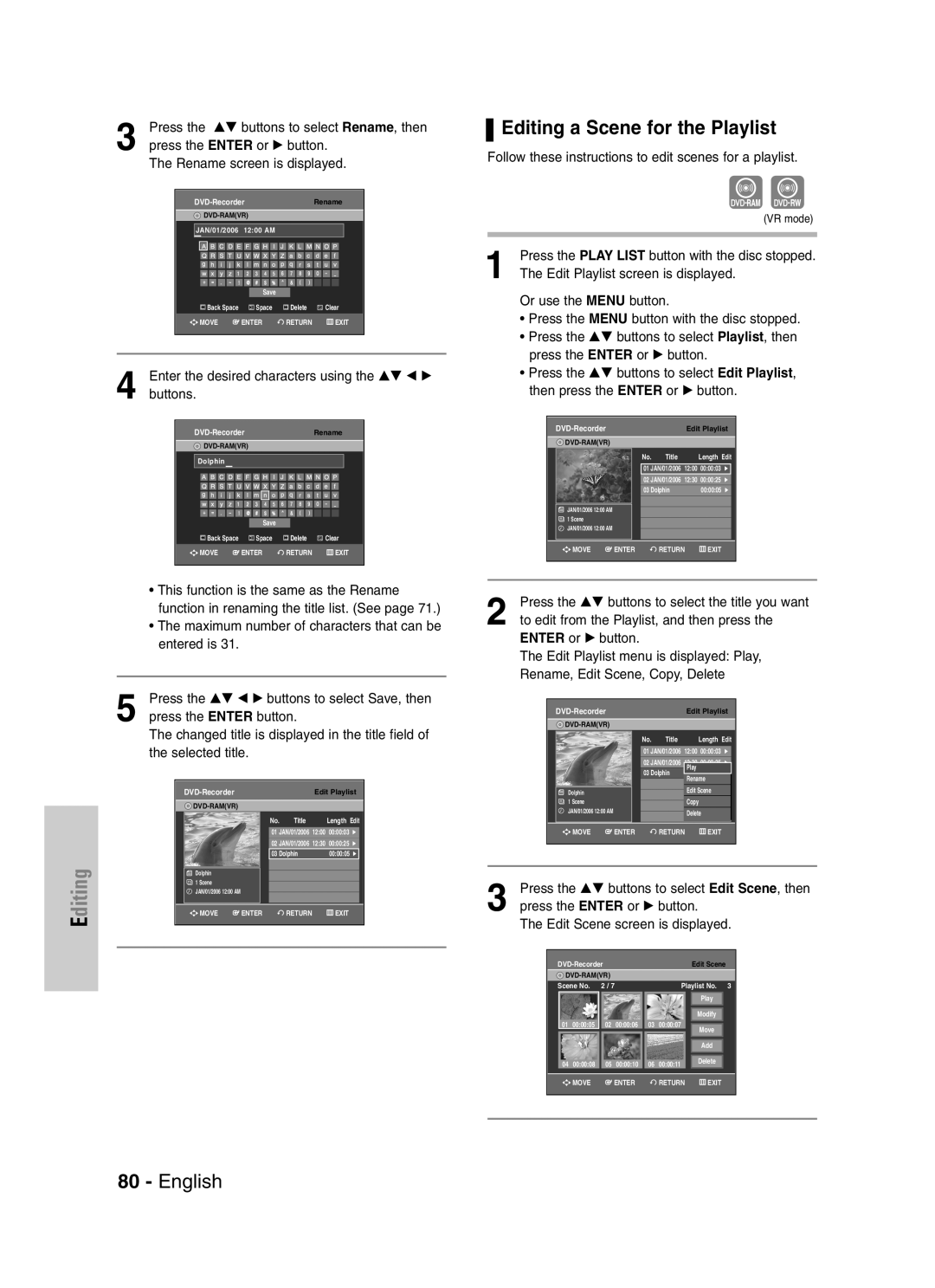 Samsung DVD-VR329 instruction manual Editing a Scene for the Playlist 