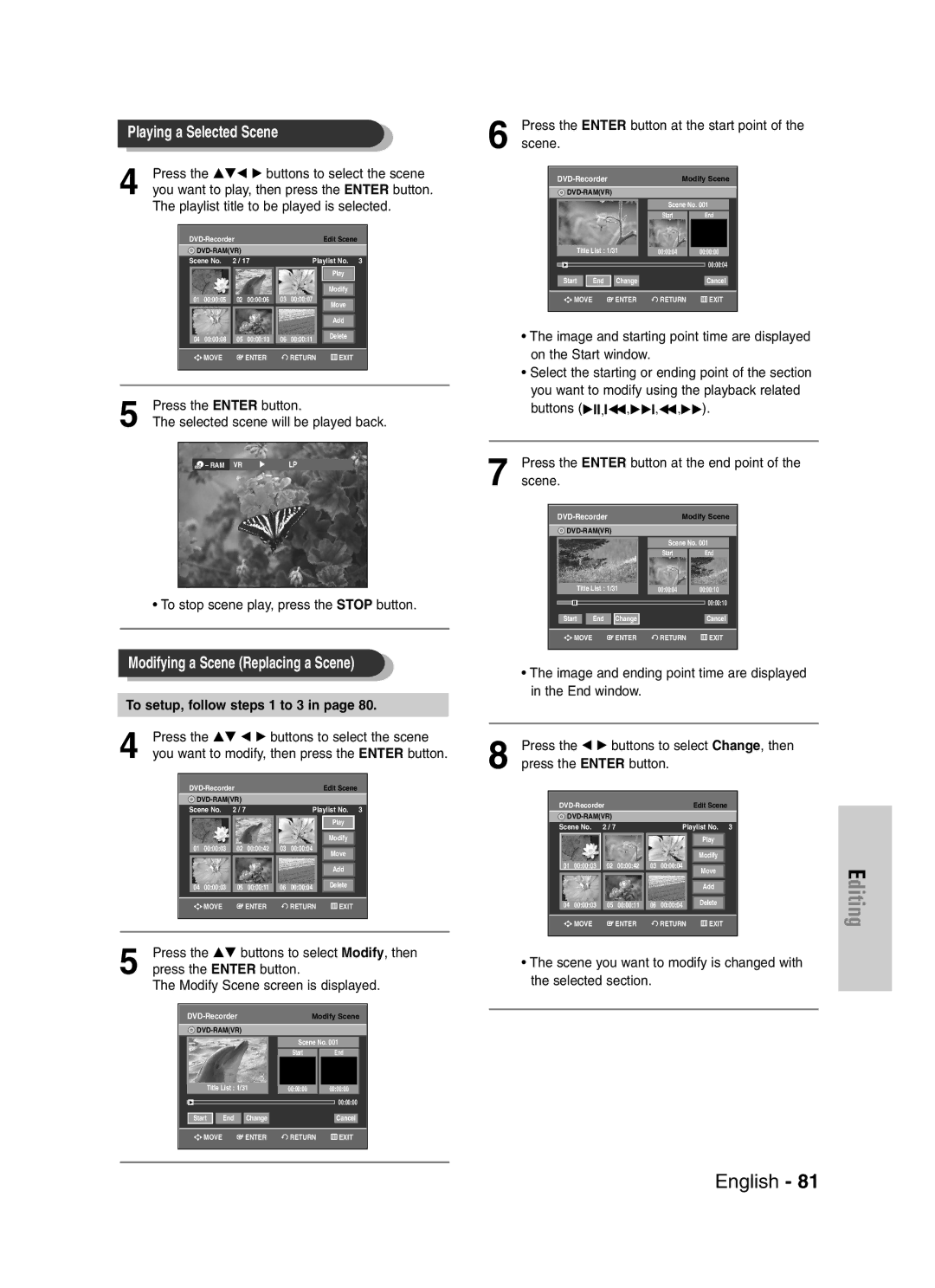 Samsung DVD-VR329 Press the …† œ √ buttons to select the scene, You want to modify, then press the Enter button, Scene 