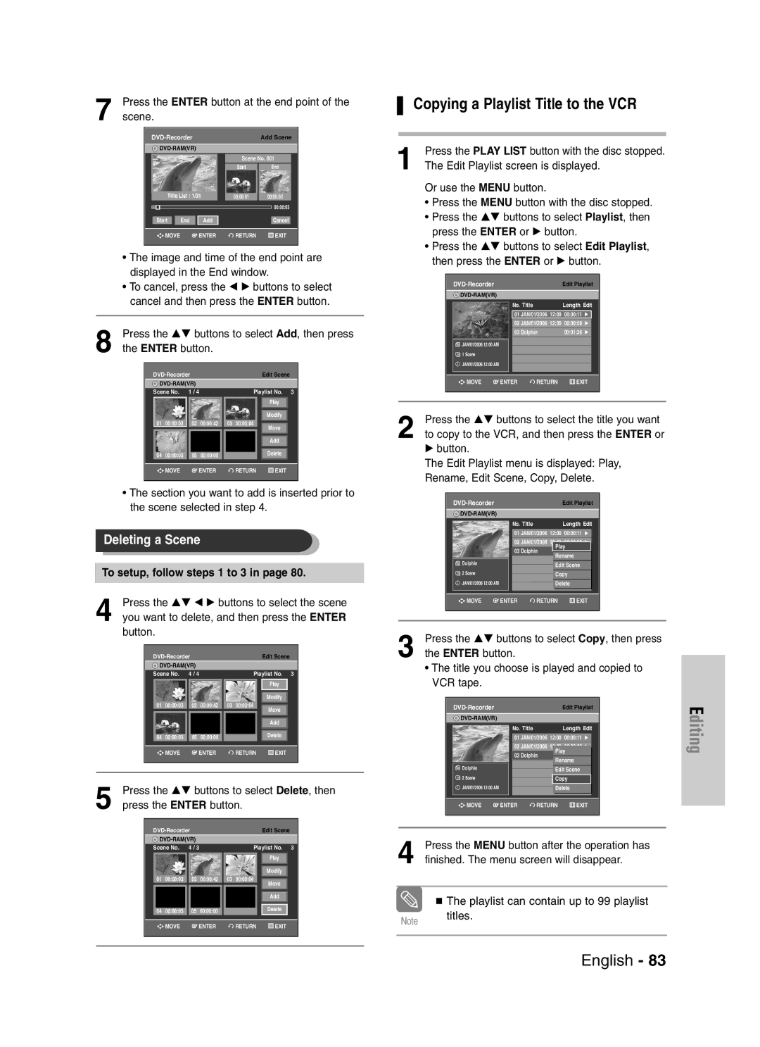 Samsung DVD-VR329 instruction manual Copying a Playlist Title to the VCR, Press the …† buttons to select Delete, then 